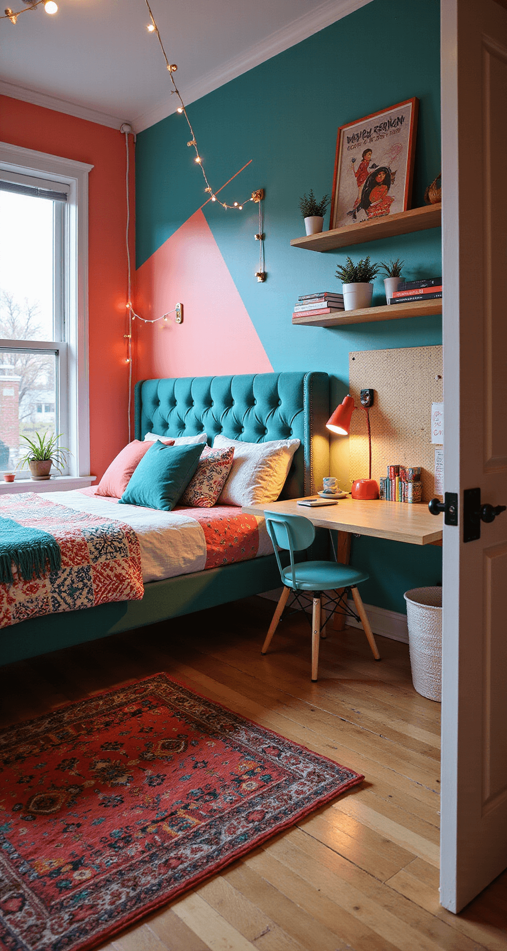 A vibrant teen bedroom featuring a teal and coral geometric mural, a platform bed with tufted headboard and mix-and-match bedding, a floating desk, string lights, neon art, and open shelving with books and plants, all illuminated by late afternoon light.