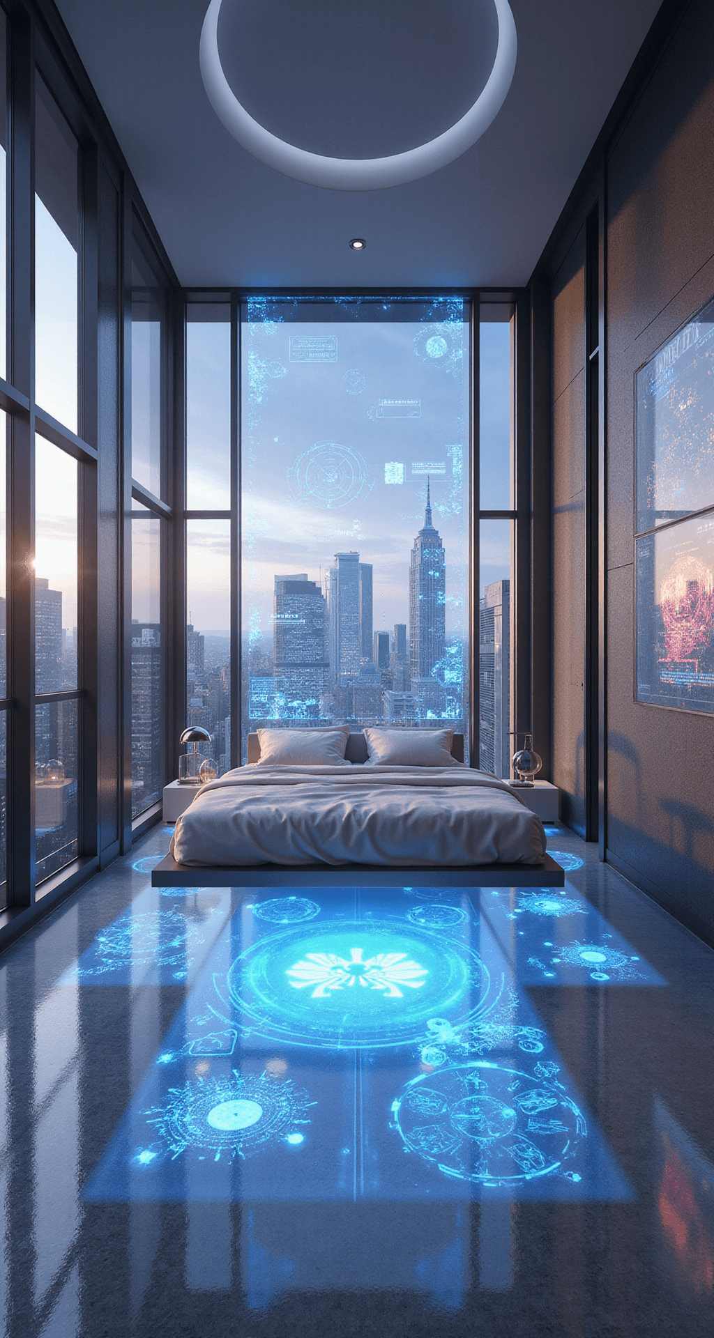 A futuristic bedroom in May 2025 featuring smart glass walls revealing a cityscape, a floating bed with bio-luminescent accents, holographic displays for decor, and a multi-functional pod, all illuminated by dynamic, color-changing lighting.