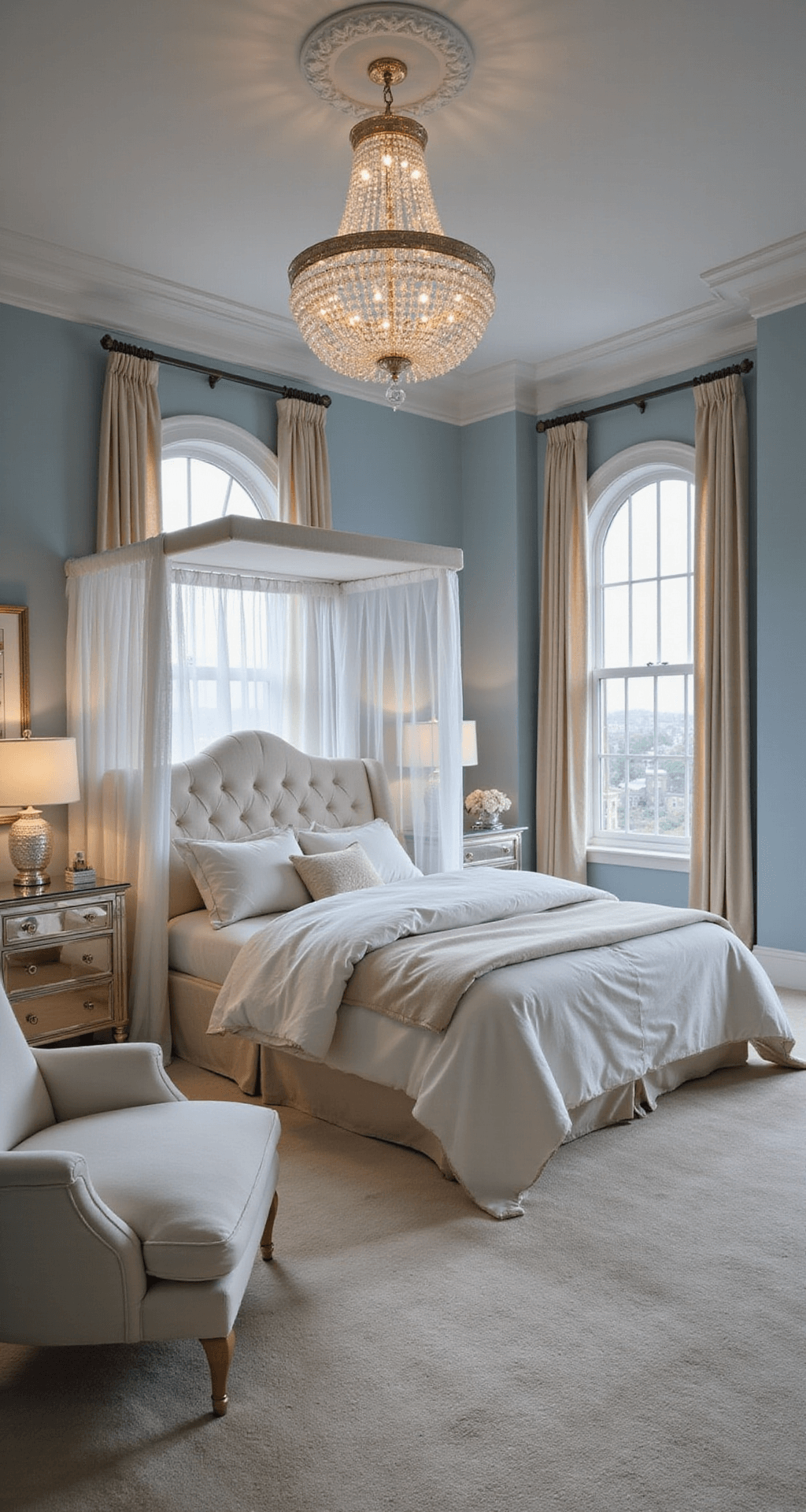 An elegant master bedroom featuring pale blue walls, plush cream carpeting, a king-size canopy bed with sheer drapes, crystal chandeliers, mirrored nightstands, and a tufted chaise lounge, all illuminated by soft twilight hues and framed by floor-to-ceiling windows showcasing city lights.