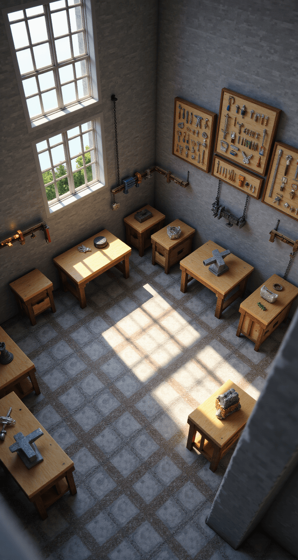 An overhead view of a meticulously organized Minecraft crafting room, featuring smooth stone walls, a high ceiling, and abundant midday light. The U-shaped arrangement of crafting tables is illuminated by large windows, while anvils hang from iron chains. A tool display showcases diamond and netherite implements, and chest minecarts on rails provide mobile storage. The floor features a striking checkerboard pattern of polished andesite and granite.