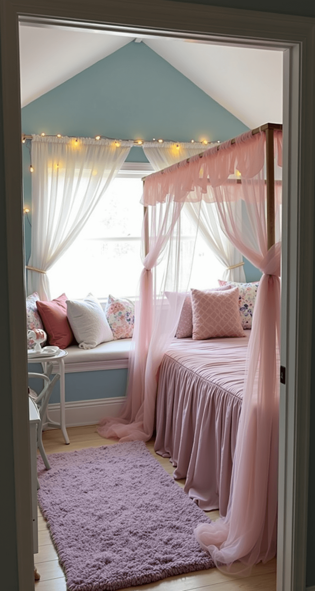 A dreamy teen bedroom with vaulted ceilings, featuring a blush pink canopy bed, pastel blue walls, and a lavender area rug, illuminated by morning light filtering through sheer curtains. A white desk with a rose gold lamp and fairy lights overhead complement a cozy window seat with fluffy pastel throw pillows. Soft textures like velvet and faux fur enhance the ethereal ambiance.