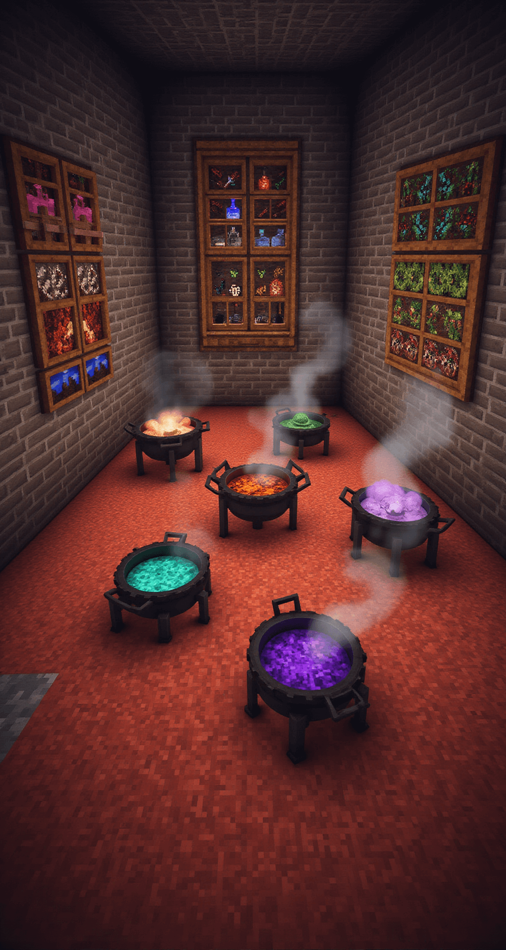 A Minecraft alchemist's brewing room with nether brick walls and a glowing netherrack floor. Brewing stands are arranged in a circle, surrounded by cauldrons filled with colorful liquids. One wall displays nether wart, blaze powder, and exotic flora in item frames. Smoke particles drift from bubbling potions, captured in a warm, slightly hazy light.