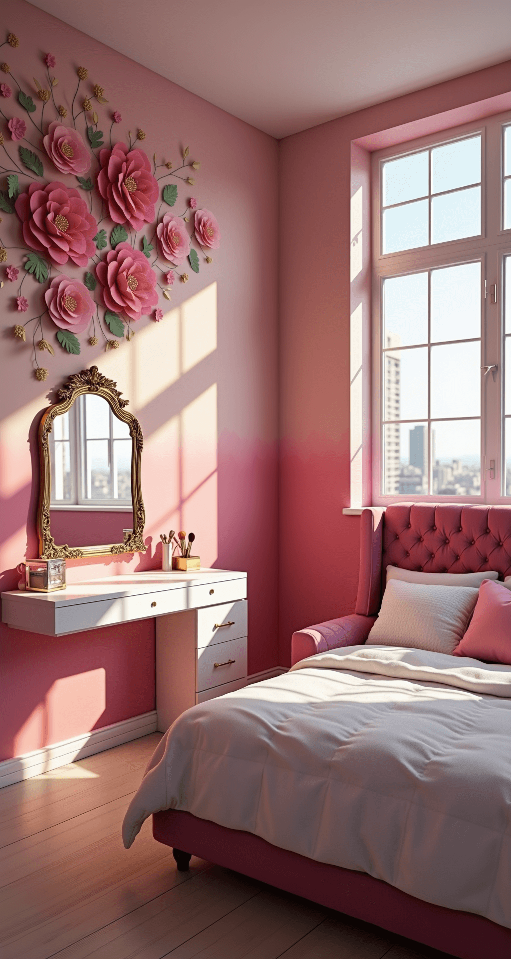 A blush-themed bedroom with pink ombré walls, a tufted deep pink velvet bed, a white vanity with pink makeup brushes, and a floral accent wall of 3D paper flowers, illuminated by warm afternoon sunlight.