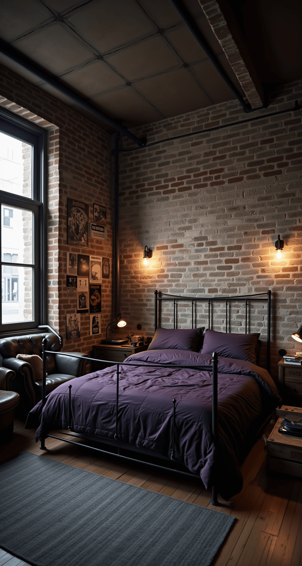 A grunge aesthetic bedroom featuring exposed brick walls, dim lighting from industrial wall sconces, a black iron bed with deep purple bedding, vintage band posters, a faux concrete wall, a leather armchair, and a record player on a wooden crate, captured from a low angle to highlight the industrial ceiling.