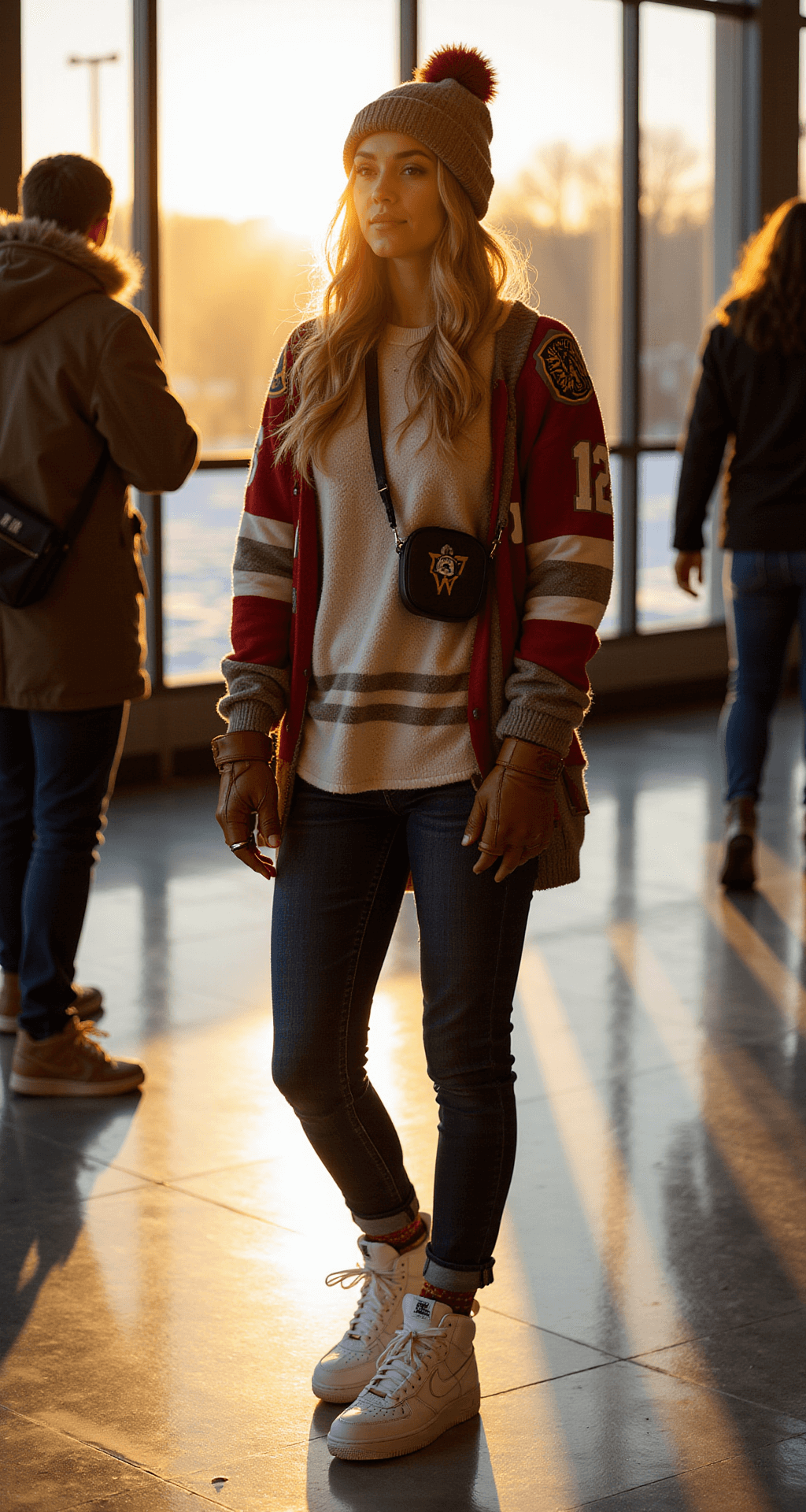 A fashionable female fan in layered hockey attire stands near a window in a cozy arena concourse, adjusting her leather gloves as sunlight streams through. She wears a vintage team jersey over a cream thermal top, dark wash skinny jeans, and white Nike Air Force 1s, with a team-colored knit beanie. A small crossbody bag in team colors completes her look, while other fans walk by in the background. The image captures the pre-game excitement with a shallow depth of field focusing on her outfit details.