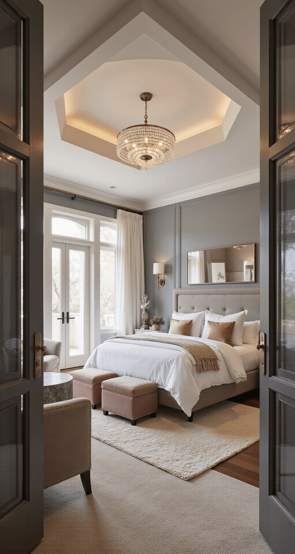 Bloxburg House Ideas: Ultimate 2-Floor Layout Guide for Gamers Luxurious Bloxburg master suite with tray ceiling and crystal chandelier, featuring a centered king bed against a grey upholstered wall, floating nightstands, and a plush cream area rug. Golden hour lighting filters through arched windows, illuminating a sitting area with blush velvet chairs and a marble side table, while a walk-in closet is glimpsed through French doors.