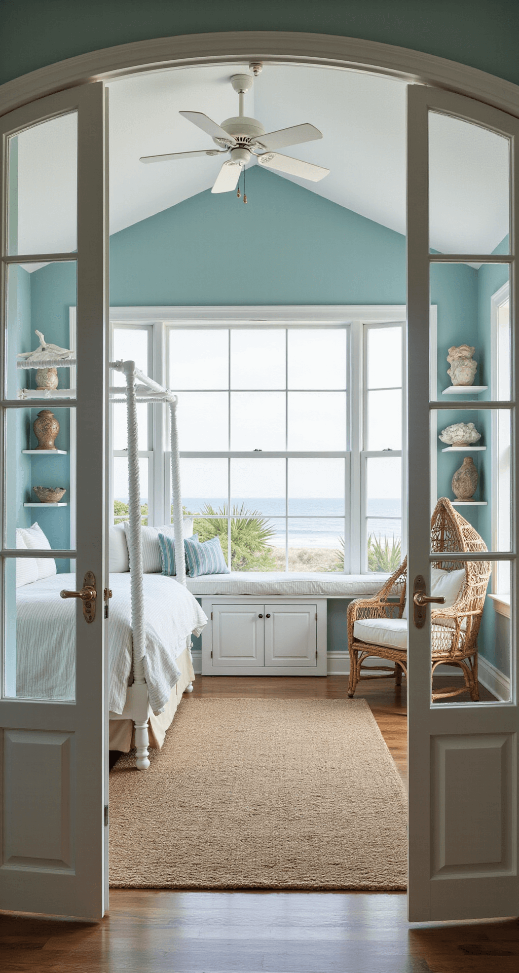 A breezy coastal-themed bedroom featuring aqua blue accent walls, a white four-poster bed with striped linens, rattan furniture, and decor of seashells and driftwood, all illuminated by natural light from large bay windows overlooking a faux beach scene.