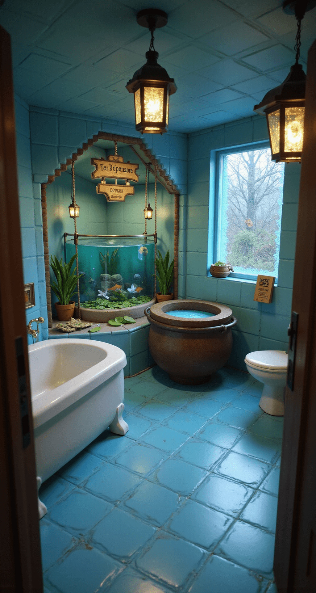 A whimsical Minecraft bathroom featuring quartz walls and a blue terracotta floor. The scene includes a large cauldron bathtub with a water dispensing system, a clever toilet made of stairs and signs, lily pads in a small pond, tropical fish in glass tanks, and towel racks made from banners and item frames. The lighting is soft and aquatic, highlighting the sea lanterns glowing behind stained glass. The perspective is an eye-level view from the doorway.