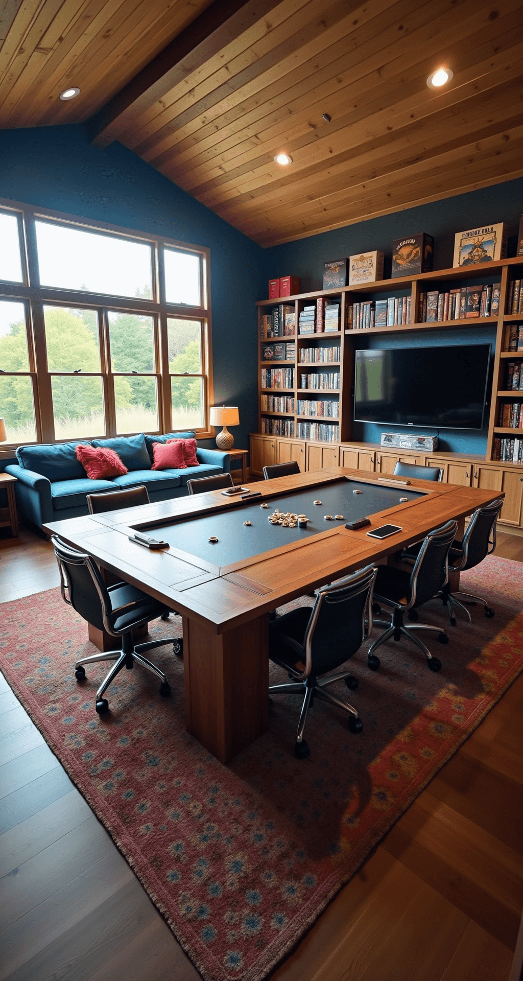 A spacious gaming room featuring a large custom table, ergonomic chairs, and a plush couch, illuminated by late afternoon sunlight, with organized board game shelves and a mounted TV, all in a warm color palette.