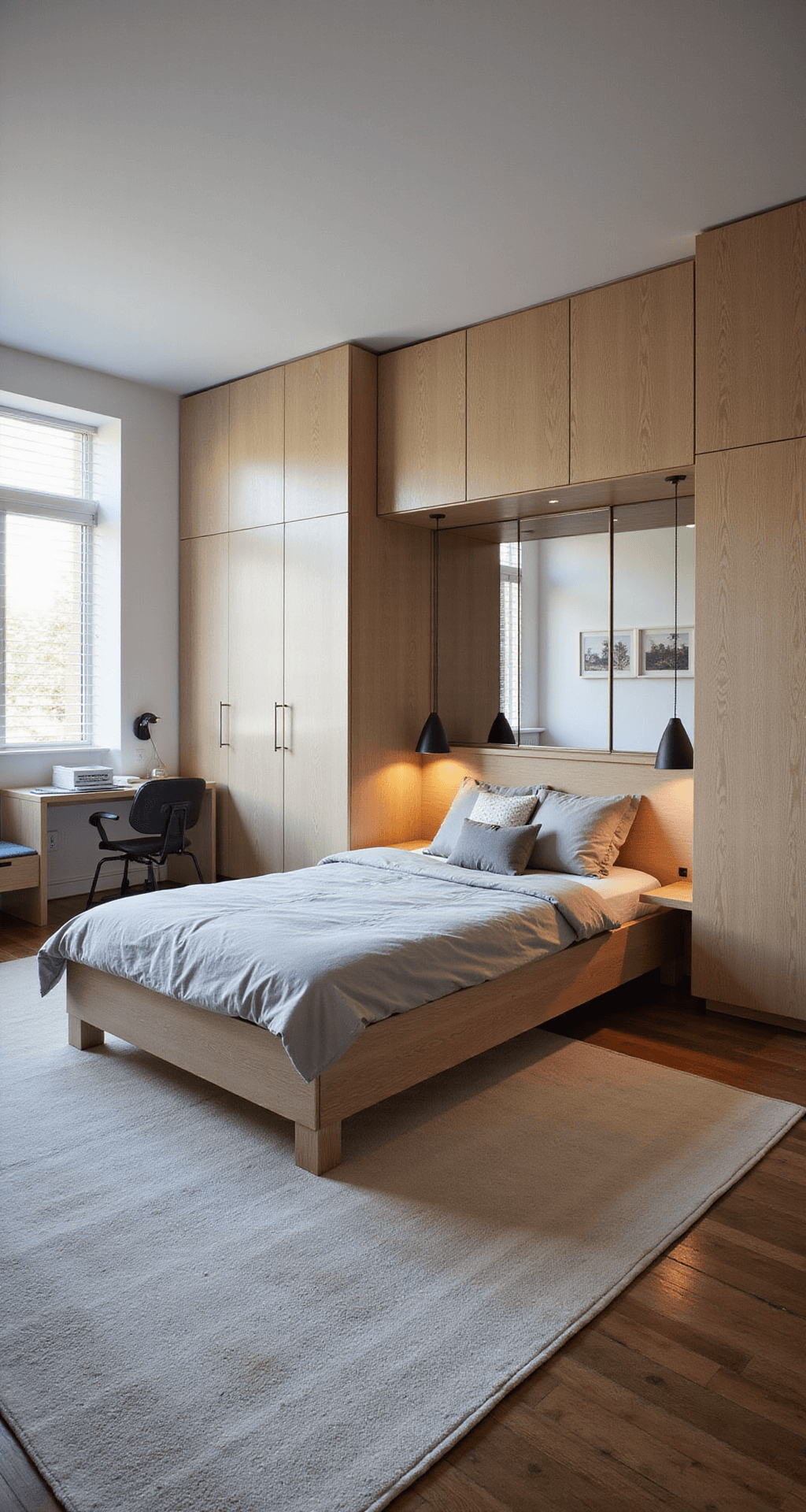 A stylish 12x14 teen bedroom with a modern platform bed, floating nightstands, a study area with a sleek desk and ergonomic chair, built-in wardrobes, a cozy reading nook with a window seat, and a full-length mirror, all illuminated by late afternoon light through plantation shutters.