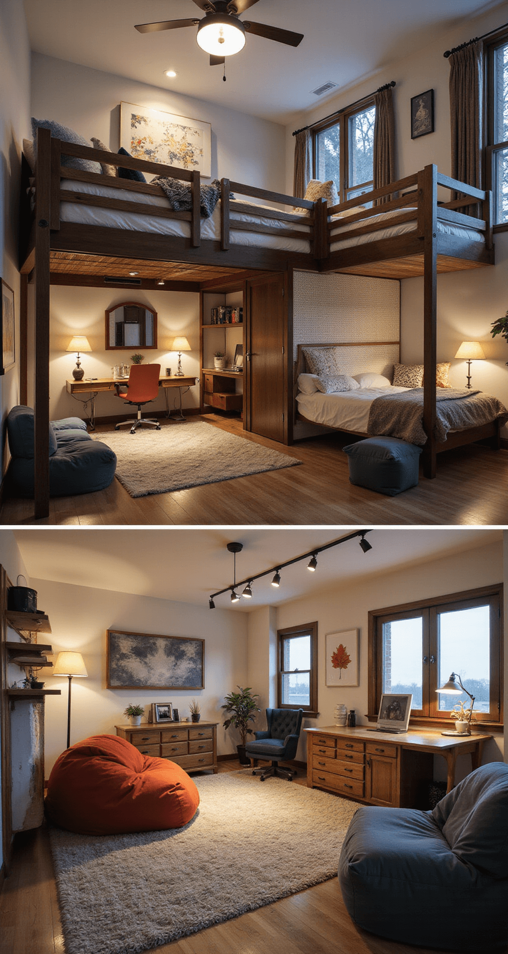 A cozy, well-organized teen bedroom featuring a loft bed over a study area, a lounge with bean bags, and a vanity corner, all illuminated by soft evening light. A bold area rug marks the lounge zone, with track lighting enhancing the study space, while open shelving and a pegboard wall optimize vertical storage.