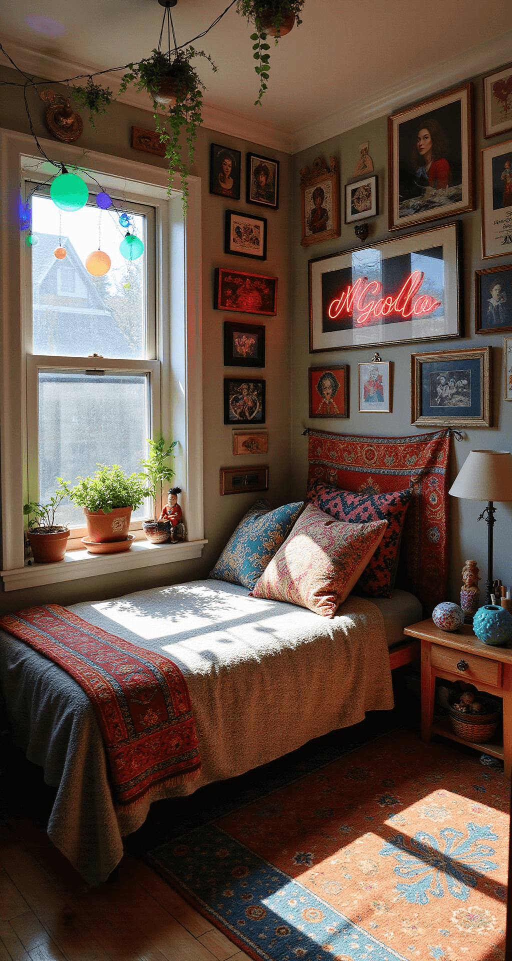An eclectic teen bedroom filled with unique decor features colorful stained glass light patterns, a gallery wall of mixed media art, string lights draped from the ceiling with hanging plants, and a low-profile bed with mismatched pillows, all illuminated by dynamic lighting.