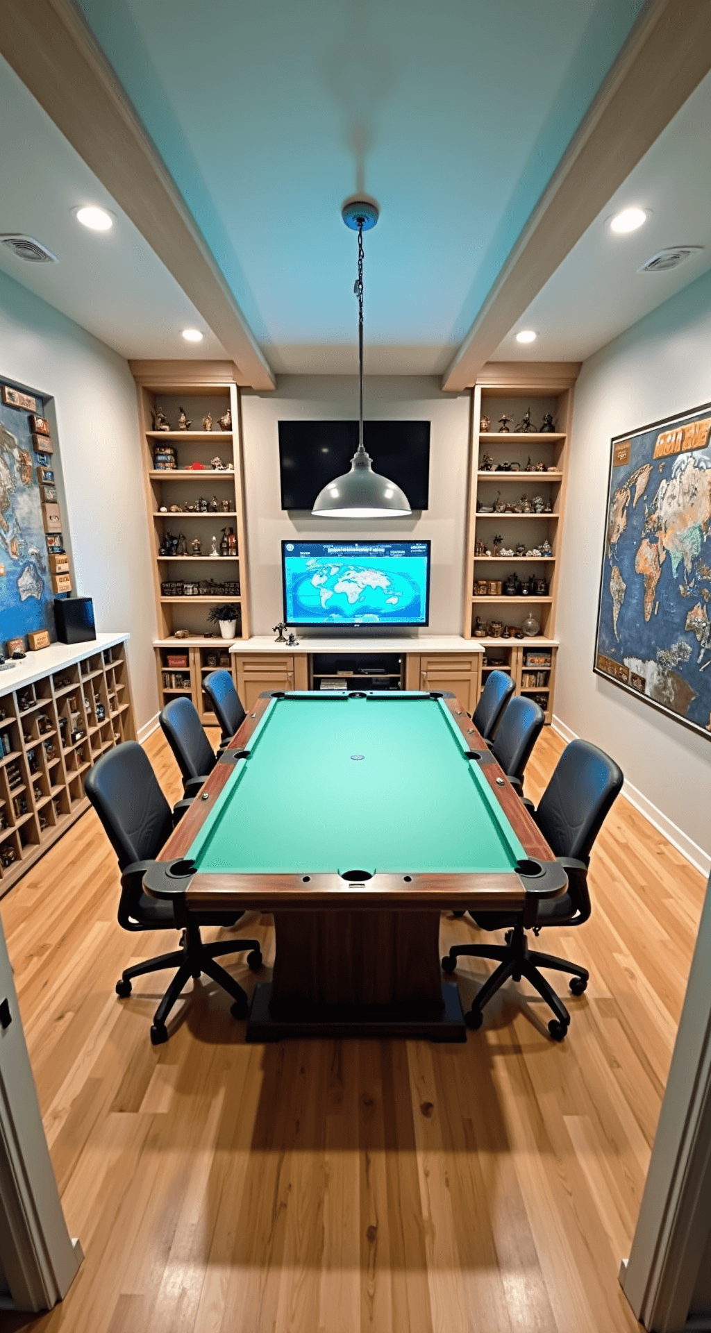 A spacious and organized gaming basement featuring a long custom gaming table, illuminated by recessed lighting and task lamps, with floating shelves displaying miniatures, a world map with game origin pins, and a refreshing color palette of white, pale wood, teal, and orange.