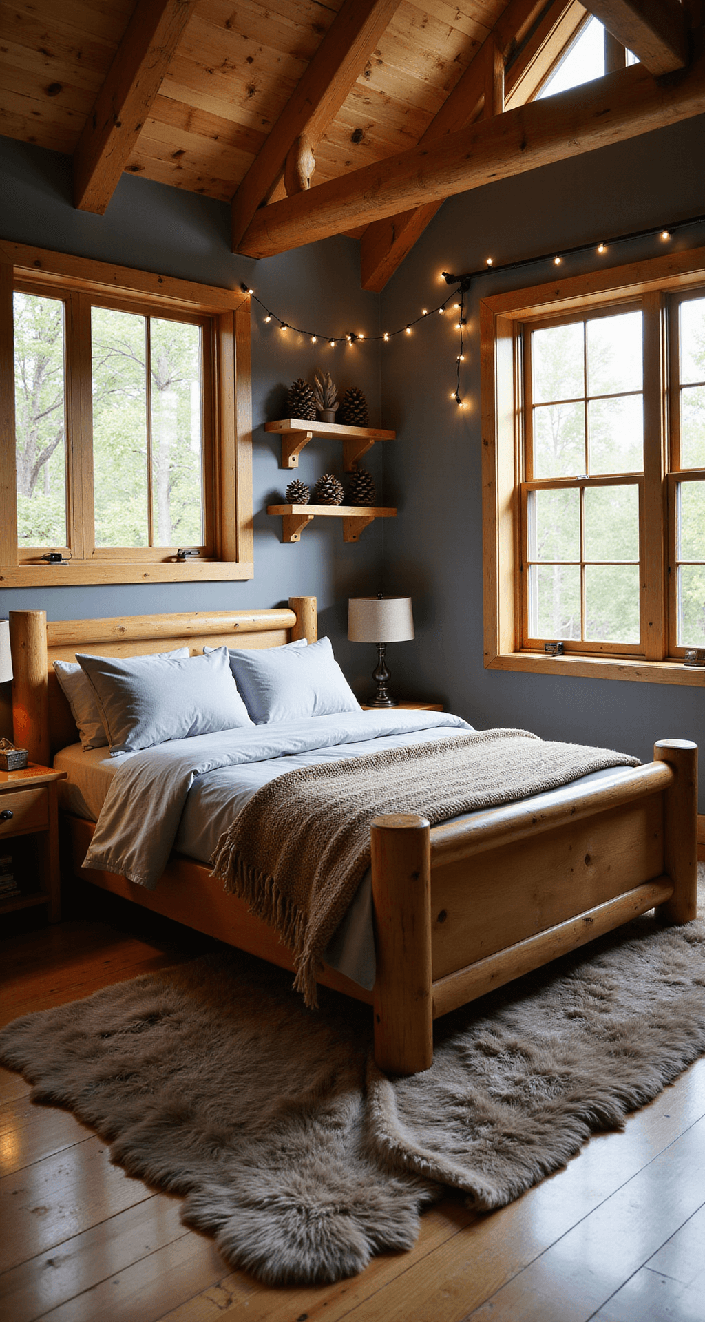 Bloxburg Bedroom Ideas: Creative Designs for Your Virtual Space Cozy cabin-themed bedroom with rustic oak furniture, queen-sized bed, bay window, stone gray walls, honey-toned wood floors, faux fur rug, twinkle lights, pine cone decor, and oversized knit throw, bathed in warm afternoon light.