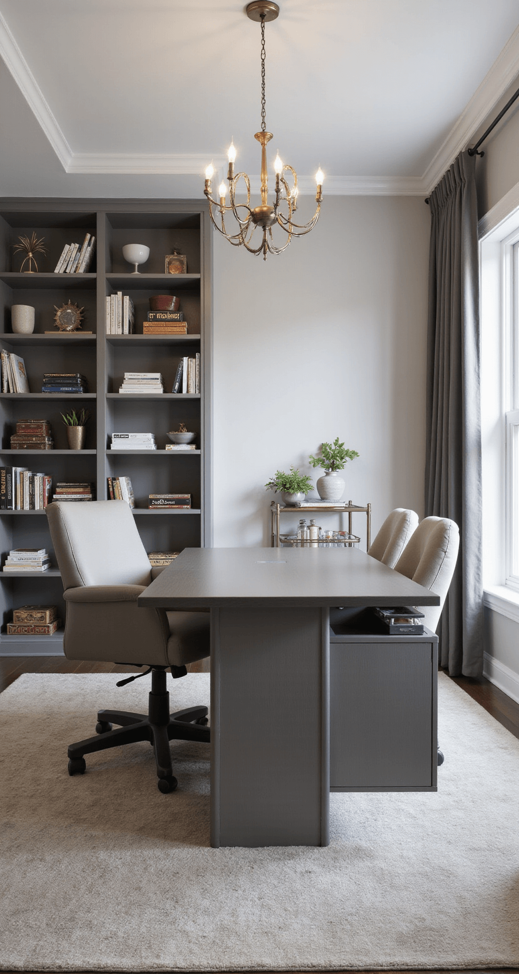 A modern home office and game room featuring a convertible desk, floor-to-ceiling bookshelf, sleek office chairs, a bar cart, and minimalist decor in grays and whites, captured from desk height with ambient lighting.