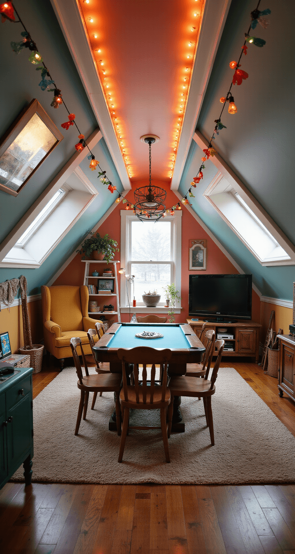 A cozy attic game room with sloped ceilings, featuring a central gaming zone with mismatched vintage chairs, a reading nook with a wingback chair, a tech corner with a mounted TV, and colorful string lights creating a whimsical atmosphere.
