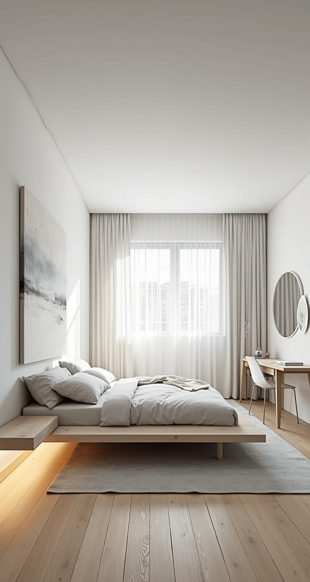 Bloxburg Bedroom Ideas: Creative Designs for Your Virtual Space Minimalist bedroom with a low-profile platform bed, floating nightstands, a large abstract painting, blonde wood flooring, a geometric gray rug, and a streamlined desk by a large window, all illuminated by cool morning light.
