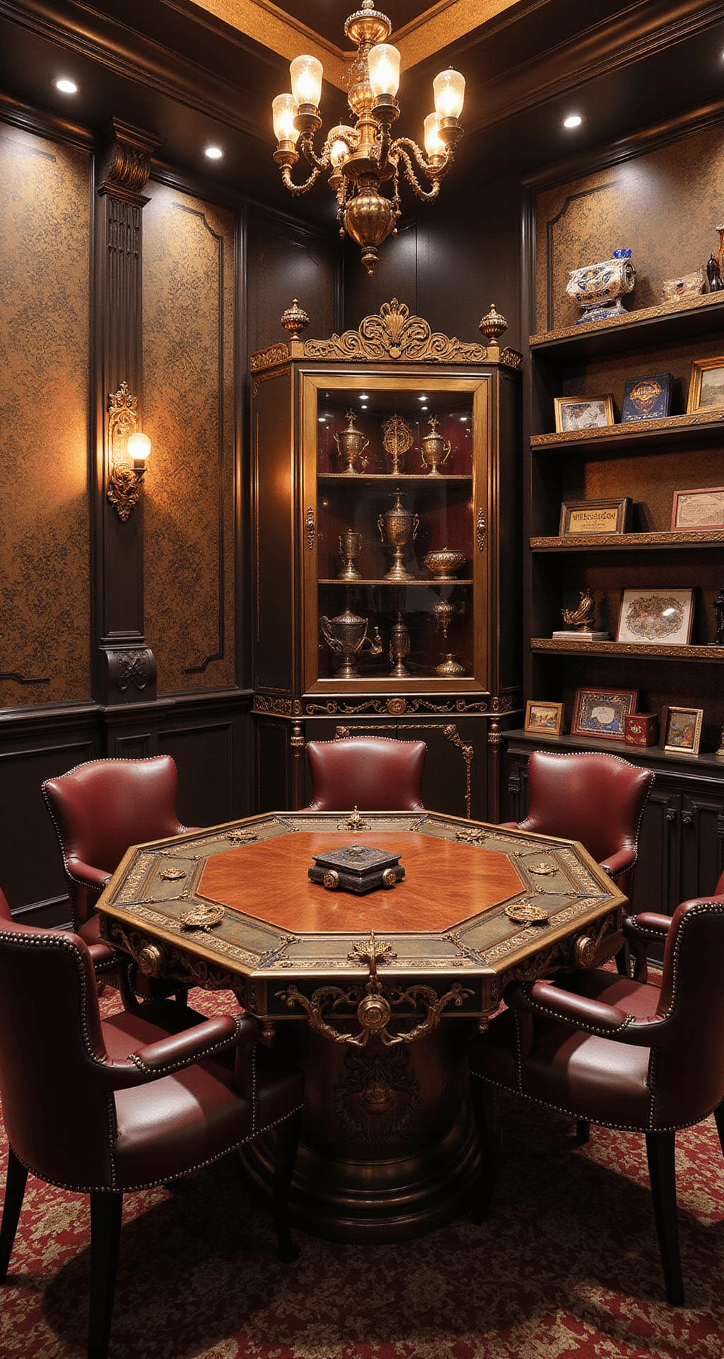 A luxurious steampunk-themed game room featuring an ornate gaming table with brass fittings, high-backed leather chairs, and rich dark wallpaper adorned with gear and airship motifs, illuminated by Edison bulbs and a grand chandelier, all captured from a top corner angle.