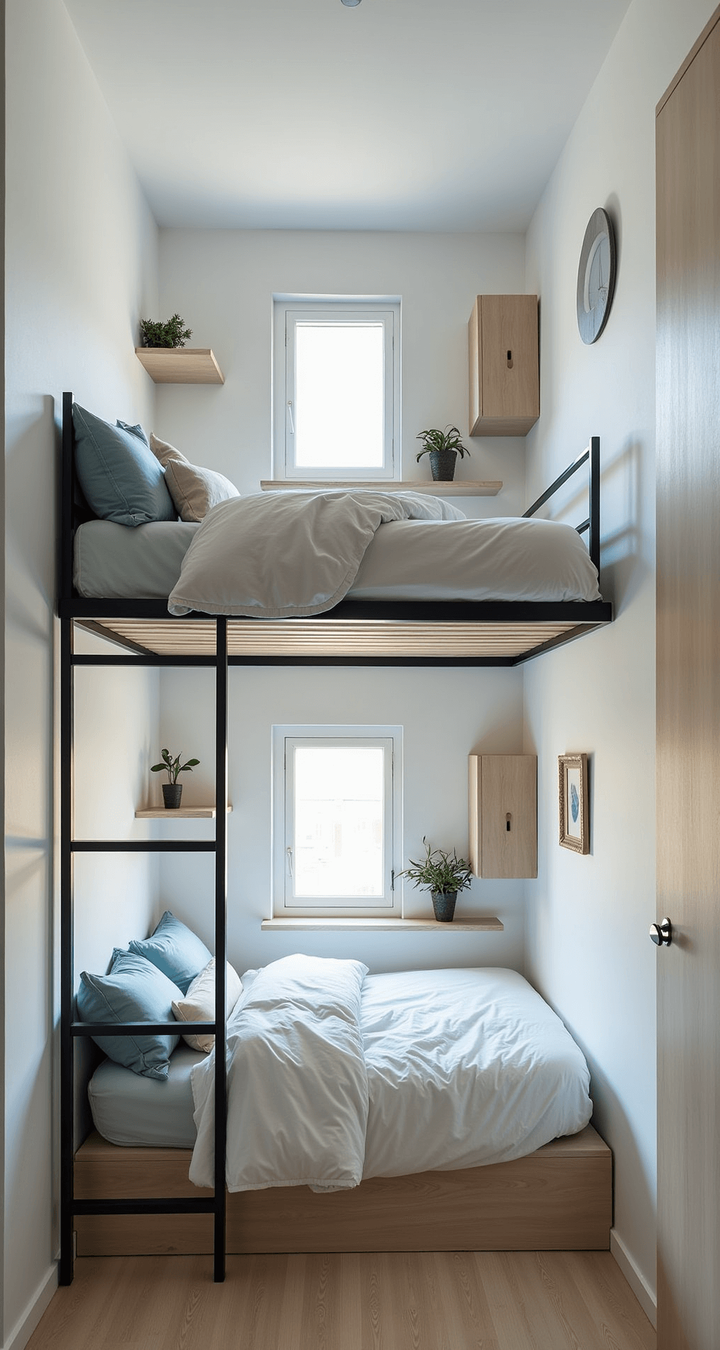 Bloxburg Bedroom Ideas: Creative Designs for Your Virtual Space A compact 3x3 meter bedroom featuring a loft bed with a metal frame, a cozy reading nook underneath, white walls, natural light from a small window, mirrors, a floating desk and shelving unit, and pastel blue accents in bedding and decor, captured from a low angle to highlight the vertical design.