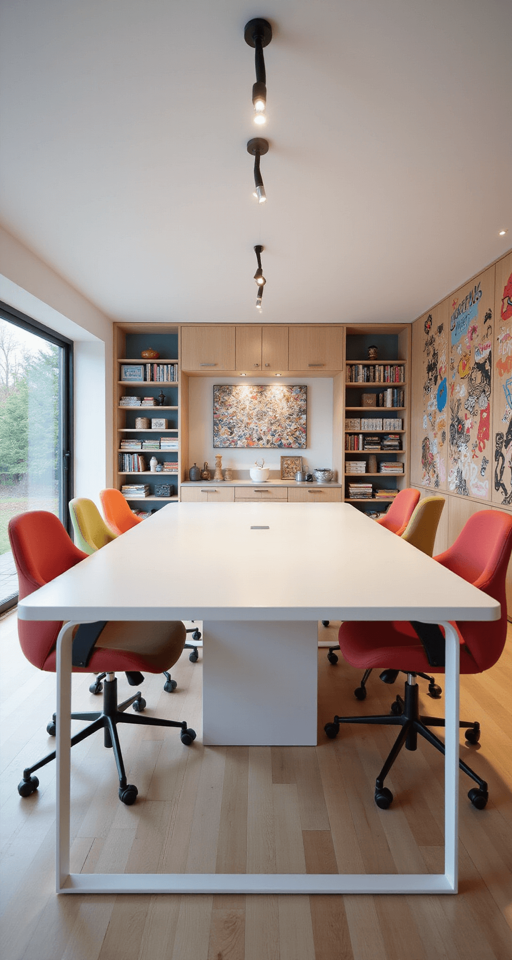 A bright, modern open concept living area featuring a dedicated gaming space with a sleek white gaming table, colorful ergonomic chairs, and a custom storage system for games, all in a minimalist Scandinavian design with pastel accents and an abstract mural.