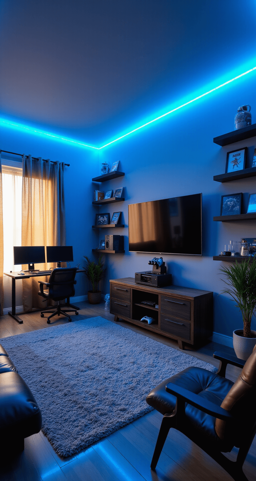 A cozy 10x12ft game room with blue LED ceiling lights, a wall-mounted TV, floating shelves of gaming memorabilia, a dual-monitor desk, and a plush area rug, all bathed in the warm glow of dusk.
