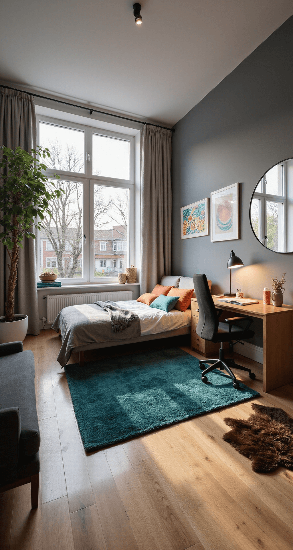 Bloxburg Bedroom Ideas: Creative Designs for Your Virtual Space A well-organized 5x5 meter bedroom featuring a full-sized bed with nightstands, a study corner with a desk and ergonomic chair, and a cozy reading nook by the window, all bathed in warm late afternoon sunlight and defined by deep teal and geometric area rugs.