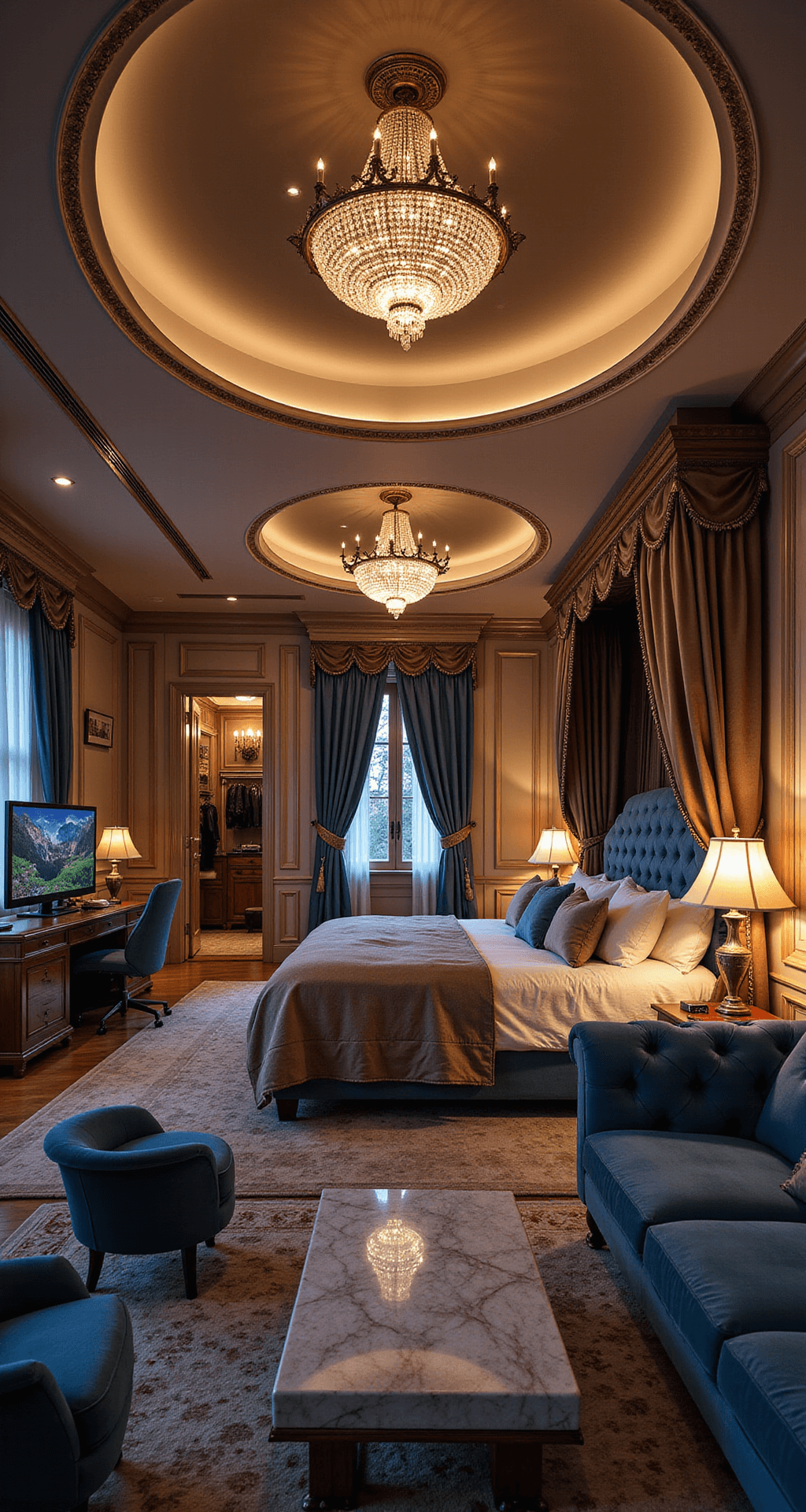 Bloxburg Bedroom Ideas: Creative Designs for Your Virtual Space A luxurious 10x10 meter bedroom featuring a king-sized canopy bed, ambient chandelier lighting, a hidden walk-in closet, a high-tech gaming setup, and a plush seating area with a marble coffee table.