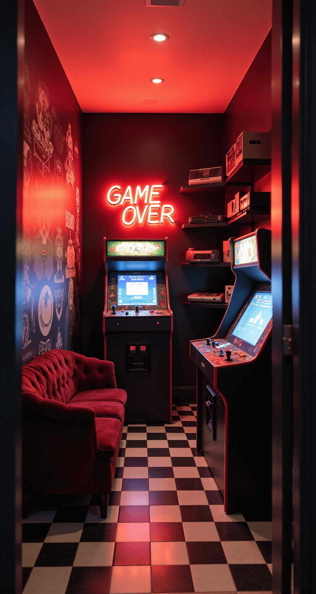 A cozy 8x10ft gaming nook styled as a retro arcade, featuring two restored arcade cabinets, a burgundy velvet loveseat, mint-condition retro consoles on floating shelves, and a custom mural of classic game characters. Warm lighting and a neon 'Game Over' sign illuminate the black and white checkered floor and deep navy walls, captured from a low angle near the doorway.