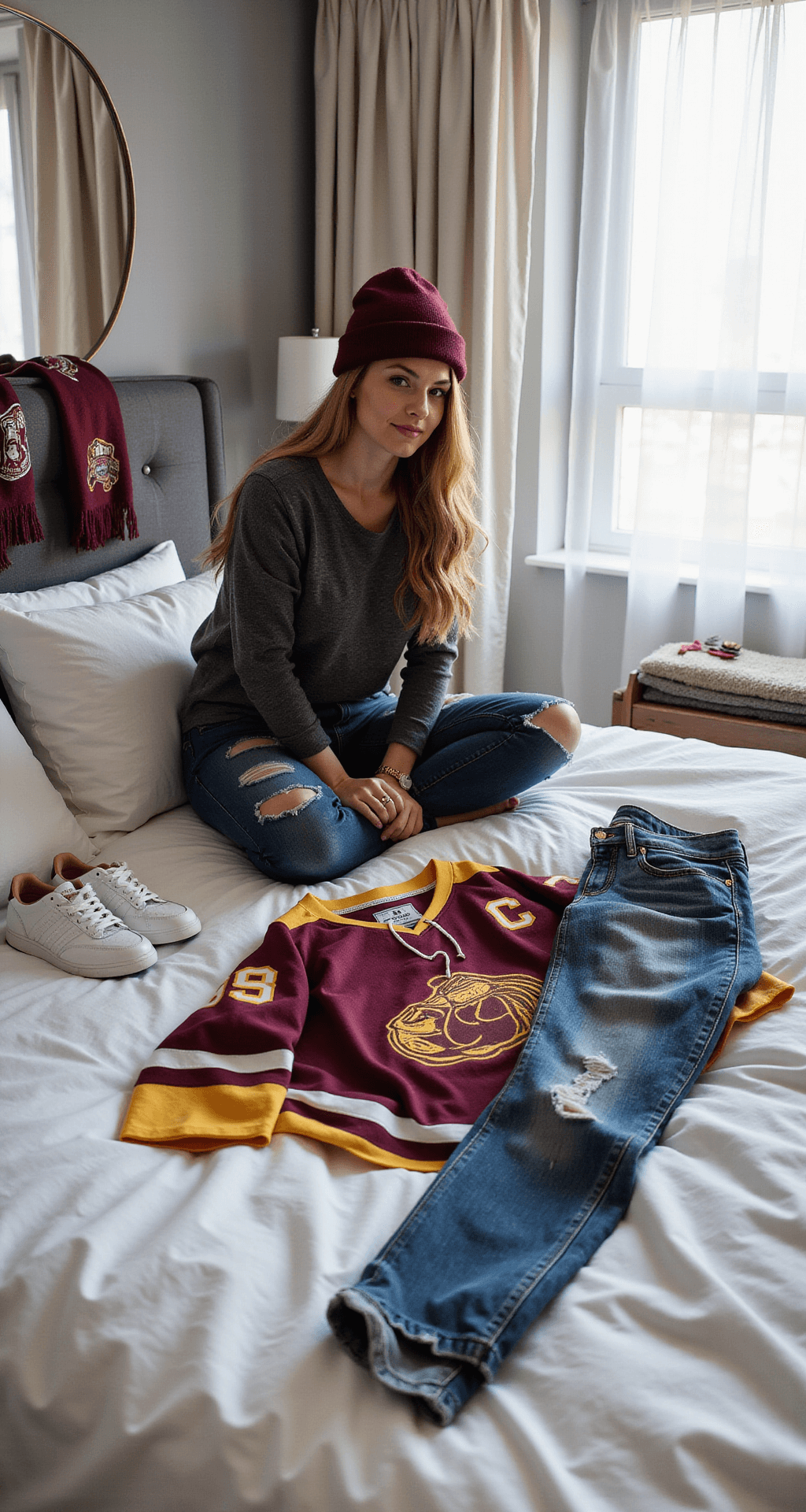 A woman arranges her game day outfit on a plush white duvet in a modern apartment bedroom, illuminated by morning light filtering through sheer curtains. The outfit includes a hockey jersey, dark grey thermal top, and distressed high-waisted jeans, with white sneakers and a burgundy beanie nearby. A vintage team scarf hangs over a mirror, while hand warmers and a small blanket are placed on a sleek bedside table. The image is captured from above in a natural, editorial style.
