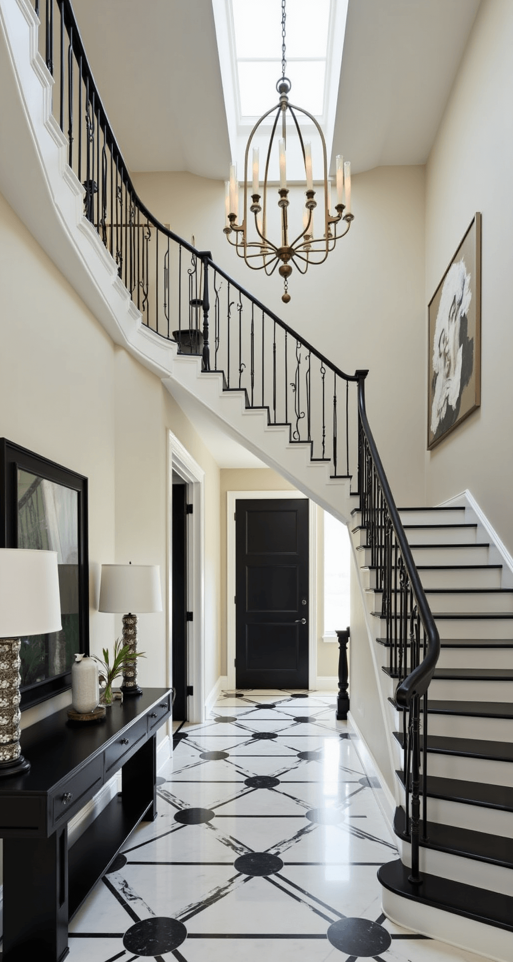 Bloxburg House Ideas: Ultimate 2-Floor Layout Guide for Gamers A dramatic double-height entryway in Bloxburg featuring a curved staircase and an oversized modern chandelier, illuminated by natural light from a skylight. The black and white marble flooring showcases a geometric pattern, while a console table with a mirror, table lamps, and an architectural vase adds style. A contemporary art piece serves as the focal point on the main wall.