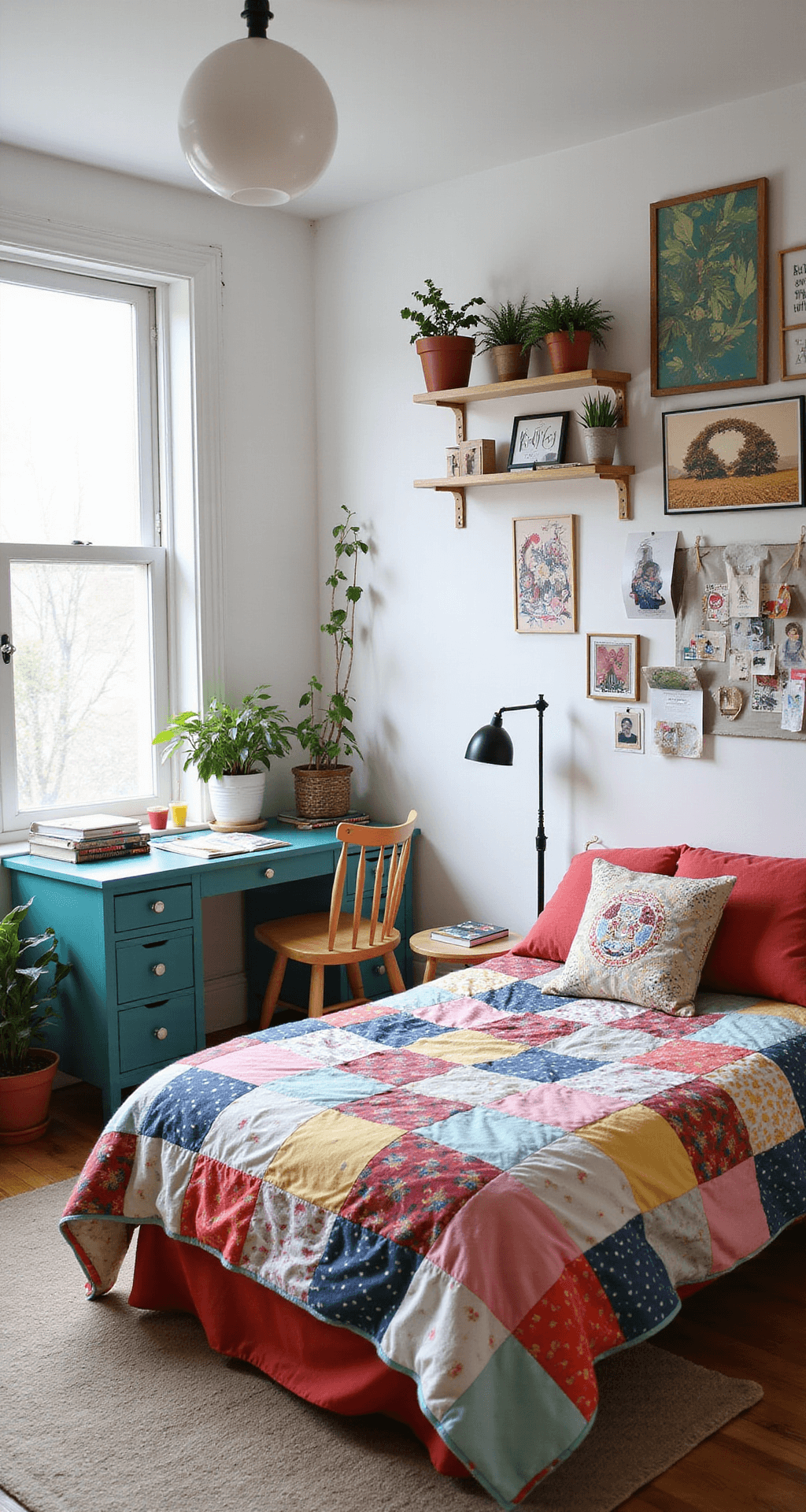 Bloxburg Bedroom Ideas: Creative Designs for Your Virtual Space A budget-friendly 4x4 meter bedroom filled with cheerful morning light, featuring a colorful patchwork quilt on a statement bed, mismatched throw pillows, a vibrant gallery wall of DIY artwork, potted plants in corners and shelves, and a teal-painted secondhand desk and chair.