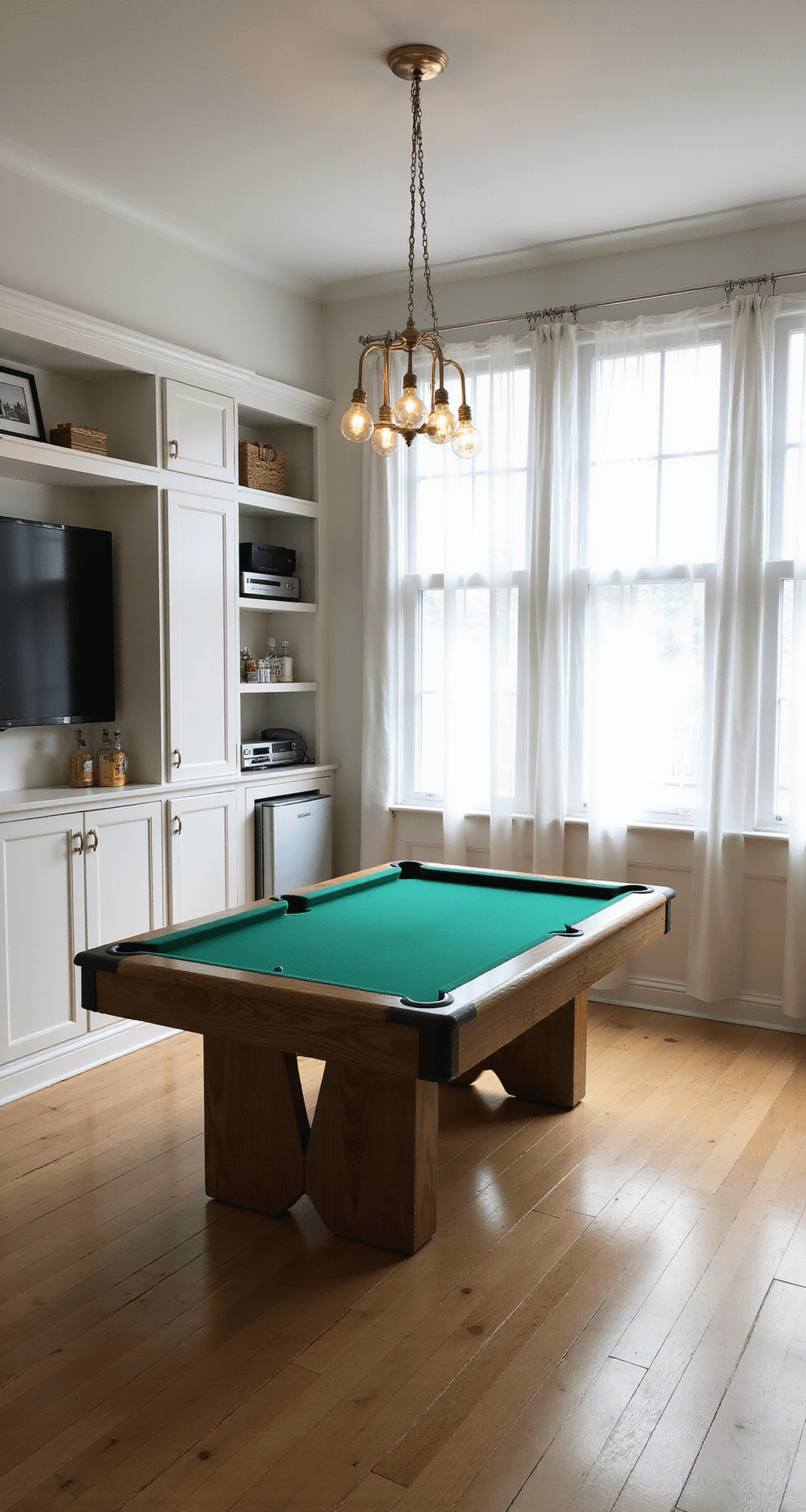 A bright and airy multipurpose gaming space featuring a pool table with a removable dining top, illuminated by late morning sun, with sheer white curtains, a built-in entertainment unit, and a small wet bar, all accented in white, natural wood tones, deep green, and brass.