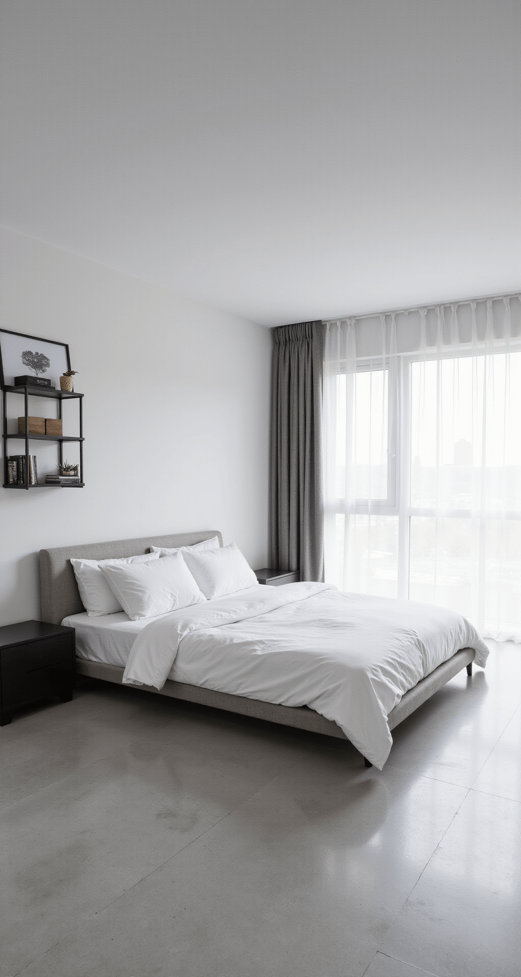A modern minimalist Bloxburg bedroom featuring white walls, light grey flooring, and a low-profile platform bed with white linens. The room is illuminated by soft morning light through a large window with sheer curtains, highlighting a geometric shelf and sleek nightstands in a clutter-free layout.