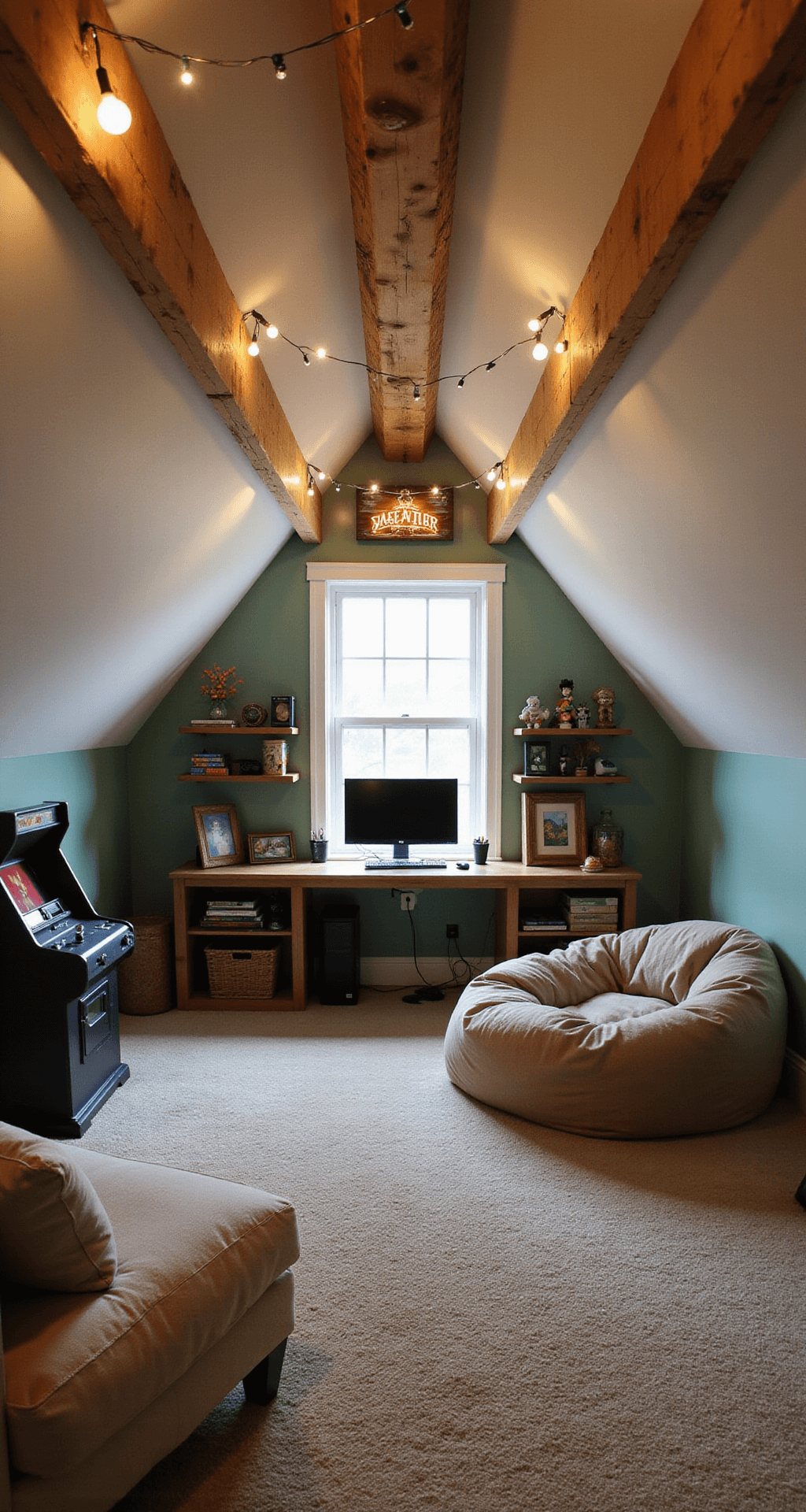 A charming attic game room with slanted ceilings, exposed wooden beams, and warm lighting. A custom gaming desk under a dormer window, floating shelves with board games and collectibles, a cozy reading nook, and a plush carpet create a welcoming atmosphere. The walls are painted sage green, and the room is accented with vintage decor and RGB lighting.