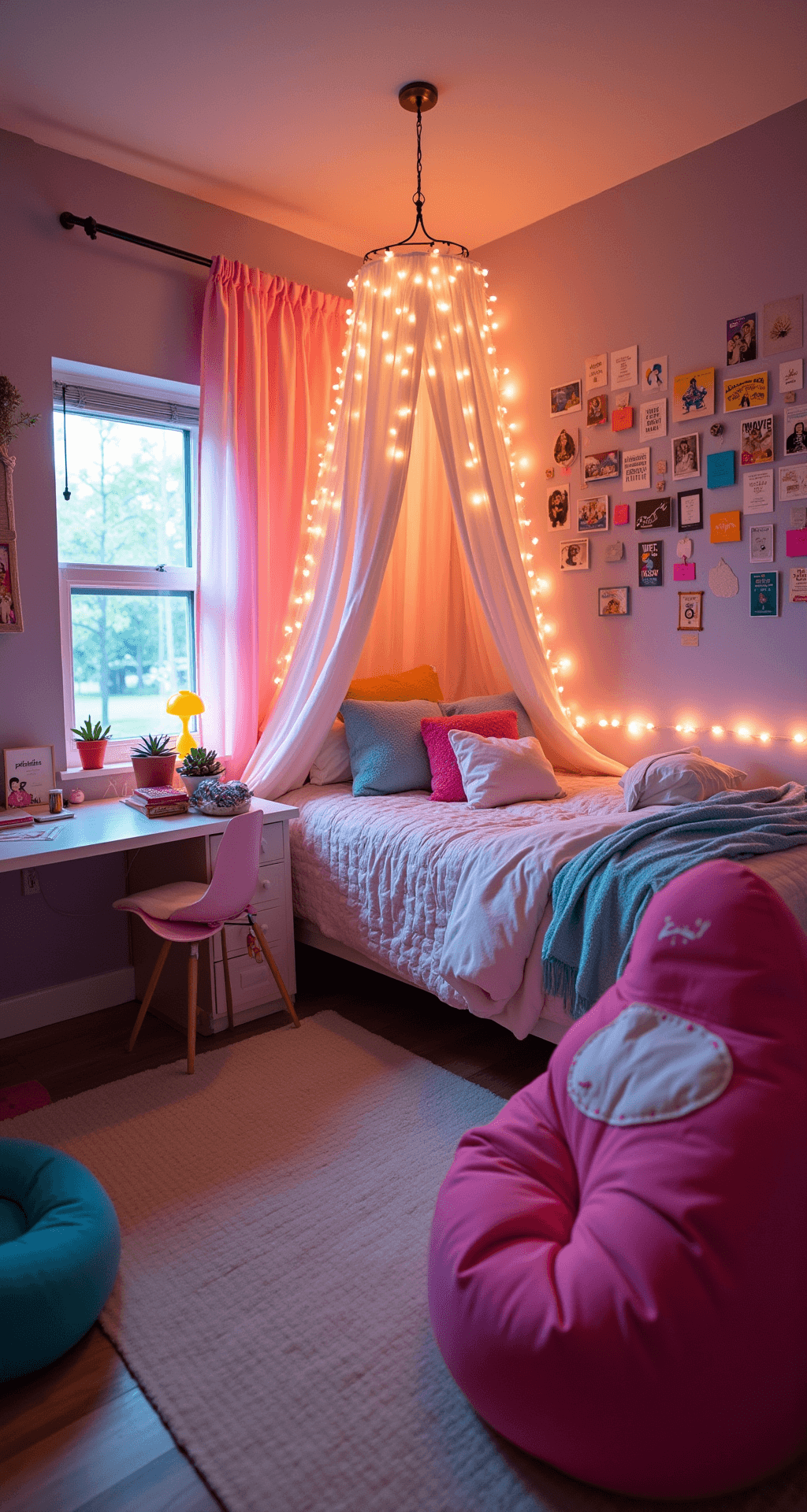 A colorful 6x6 teen Bloxburg bedroom filled with personality, featuring a canopy bed with fairy lights, a gallery wall of posters and photos, a laptop desk with a trendy chair, and a giant bean bag, all bathed in warm late afternoon light.