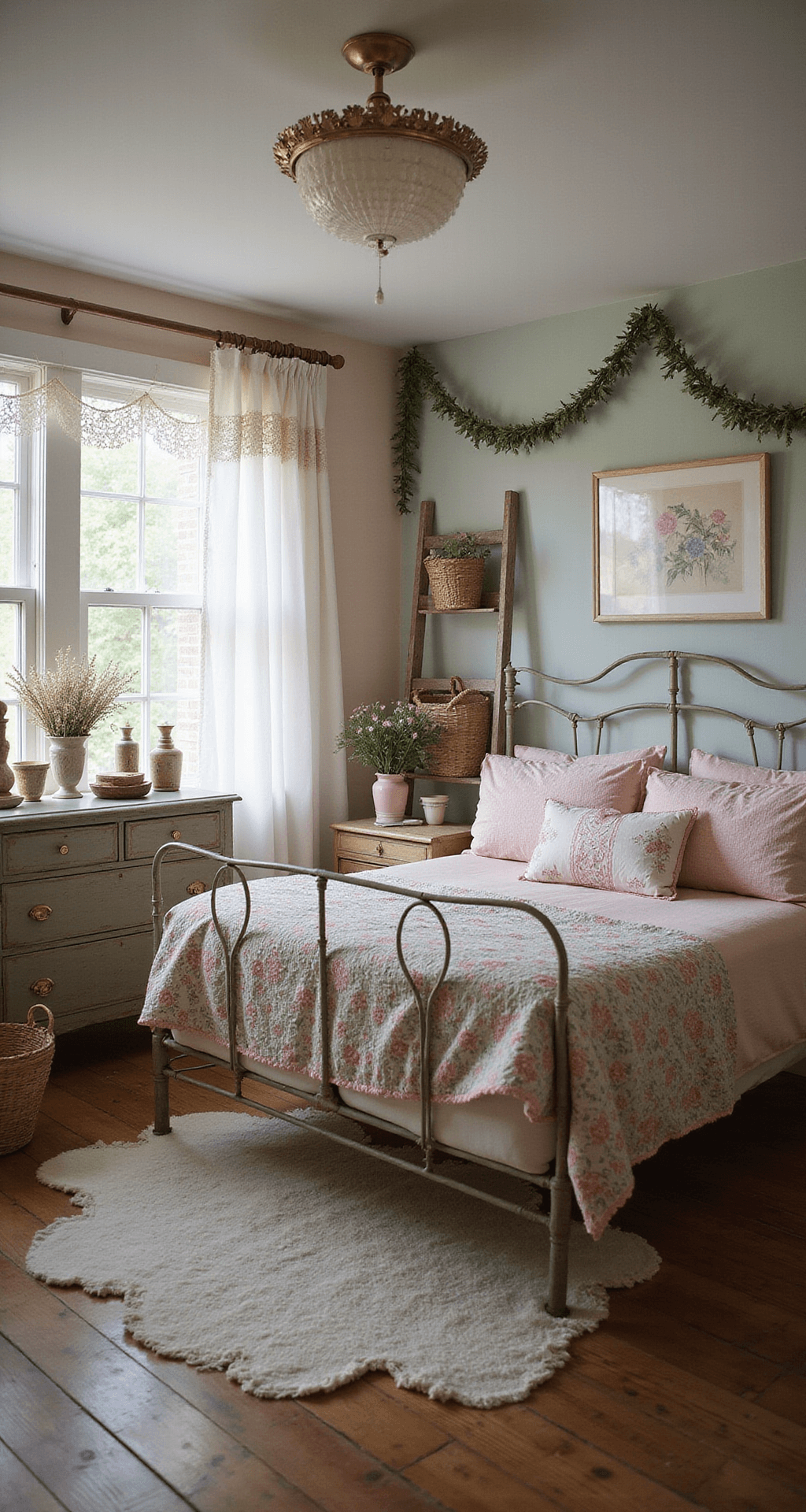 A cozy cottagecore Bloxburg bedroom with a wrought iron bed, vintage floral linens, and ethereal light filtering through lace curtains, accented by dried flower garlands and rustic decor.