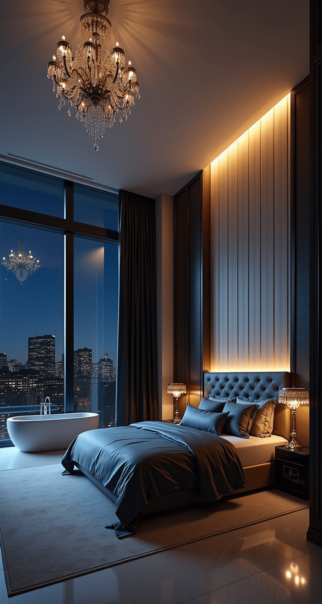 An opulent contemporary Bloxburg bedroom at midnight, featuring dramatic uplighting, a king-size tufted bed, floor-to-ceiling windows with a starlit view, a crystal chandelier, and a freestanding bathtub, all in deep blues, charcoals, and gold accents.