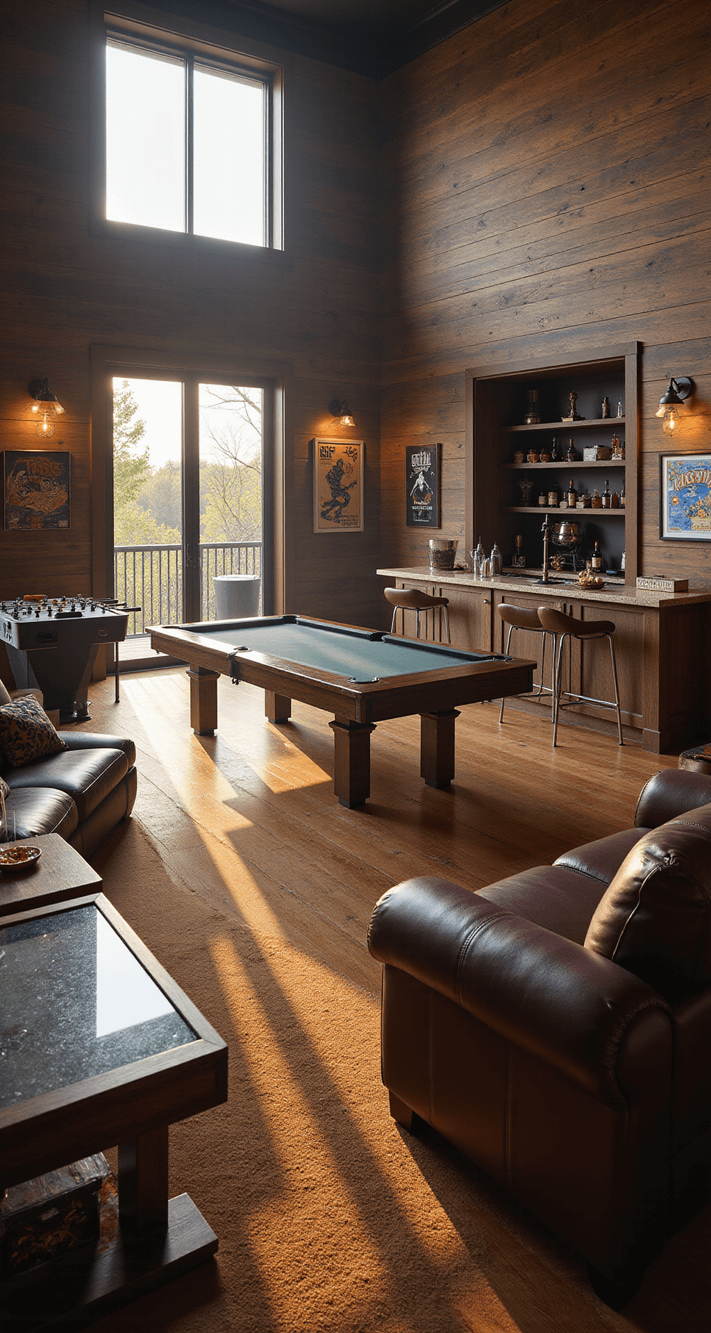 The Ultimate Luxury Game Room: Where Dreams Come to Play Spacious game room featuring a luxurious mahogany billiard table, high-end gaming tables, vintage arcade posters, plush seating, and a stylish wet bar, all bathed in warm afternoon light.