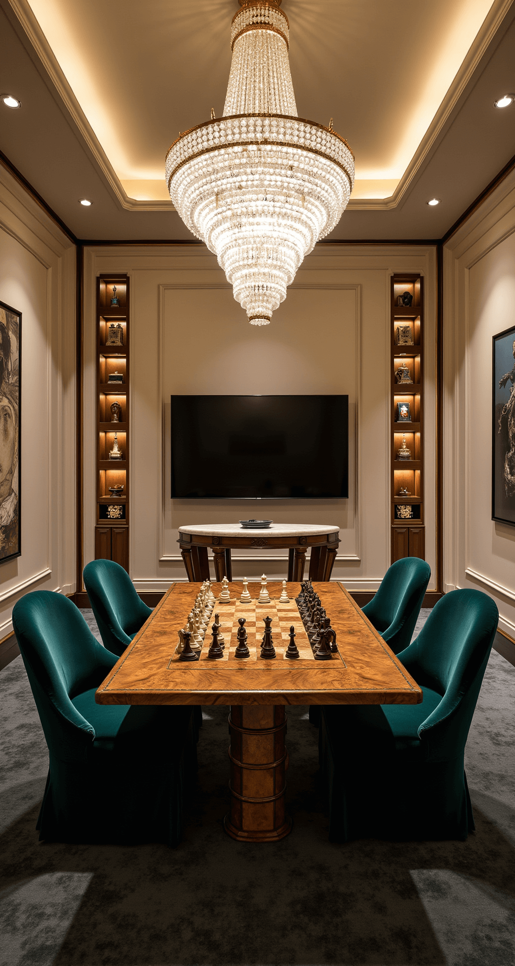 The Ultimate Luxury Game Room: Where Dreams Come to Play An opulent game room featuring a custom burl wood chess table inlaid with mother-of-pearl, flanked by emerald velvet armchairs, surrounded by backlit display cases of vintage board games, a large 100-inch 8K TV, plush charcoal carpet, cream-colored walls with abstract art, and a circular bar with an illuminated onyx countertop, all illuminated by a grand crystal chandelier.