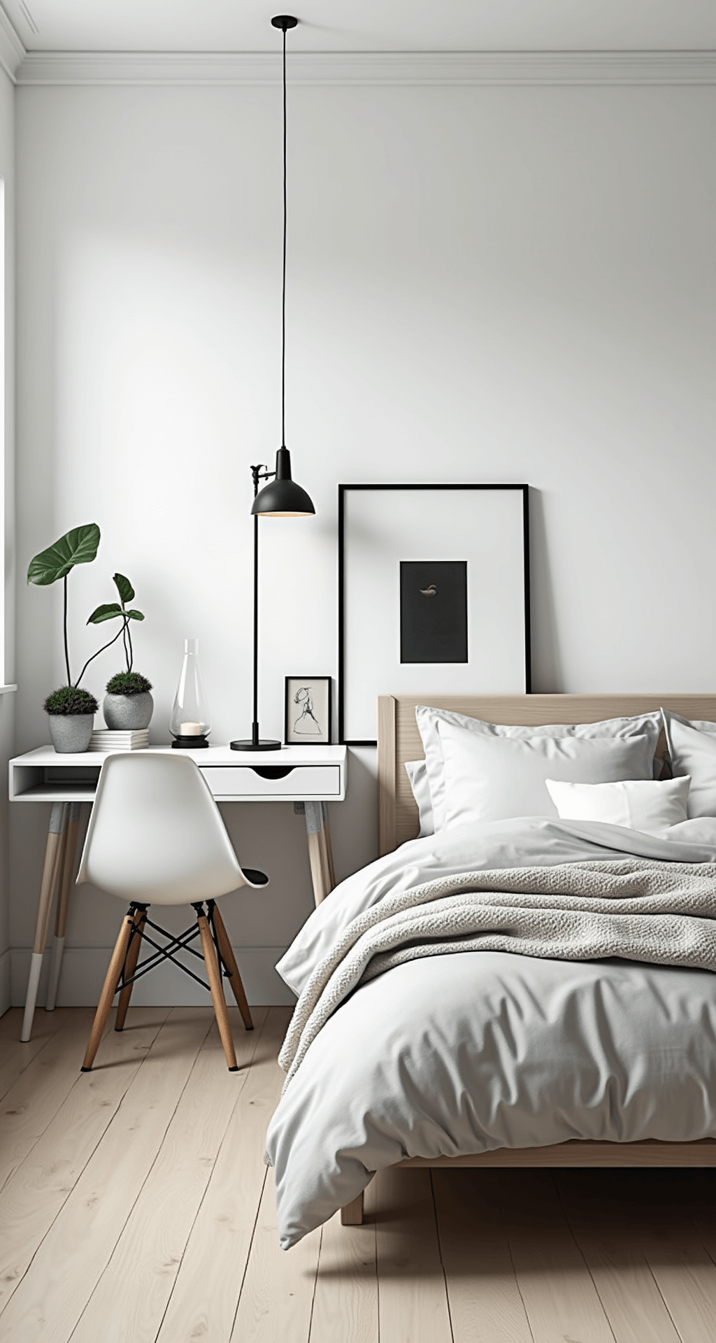 A modern Scandinavian bedroom featuring crisp white walls, light oak flooring, a low-profile grey bed, minimalist pendant lights, a sleek white desk with a designer chair, black accents, and potted fiddle leaf fig trees, all bathed in bright midday light.