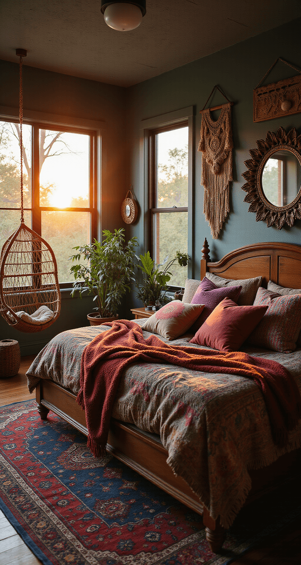 An eclectic 9x9 boho-chic bedroom featuring a wooden bed with jewel-toned pillows, macramé wall hangings, a large circular mirror, and a vintage Persian rug. Rattan furniture and a hanging chair add texture, while lush plants create a jungle-like atmosphere. Golden hour light filters through large windows, highlighting the warm earth tones and vibrant accents.