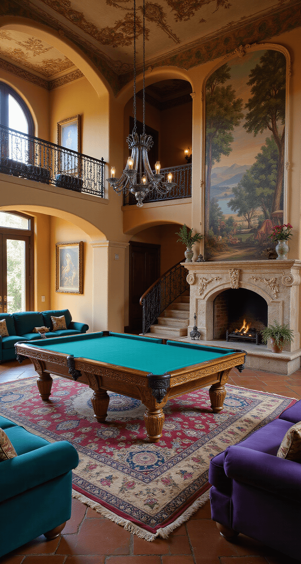 The Ultimate Luxury Game Room: Where Dreams Come to Play A lavish Mediterranean-inspired game room with a marble ornate billiards table, plush jewel-toned sofas, a hand-painted Tuscan mural, and an elaborate fireplace, all bathed in golden afternoon light.
