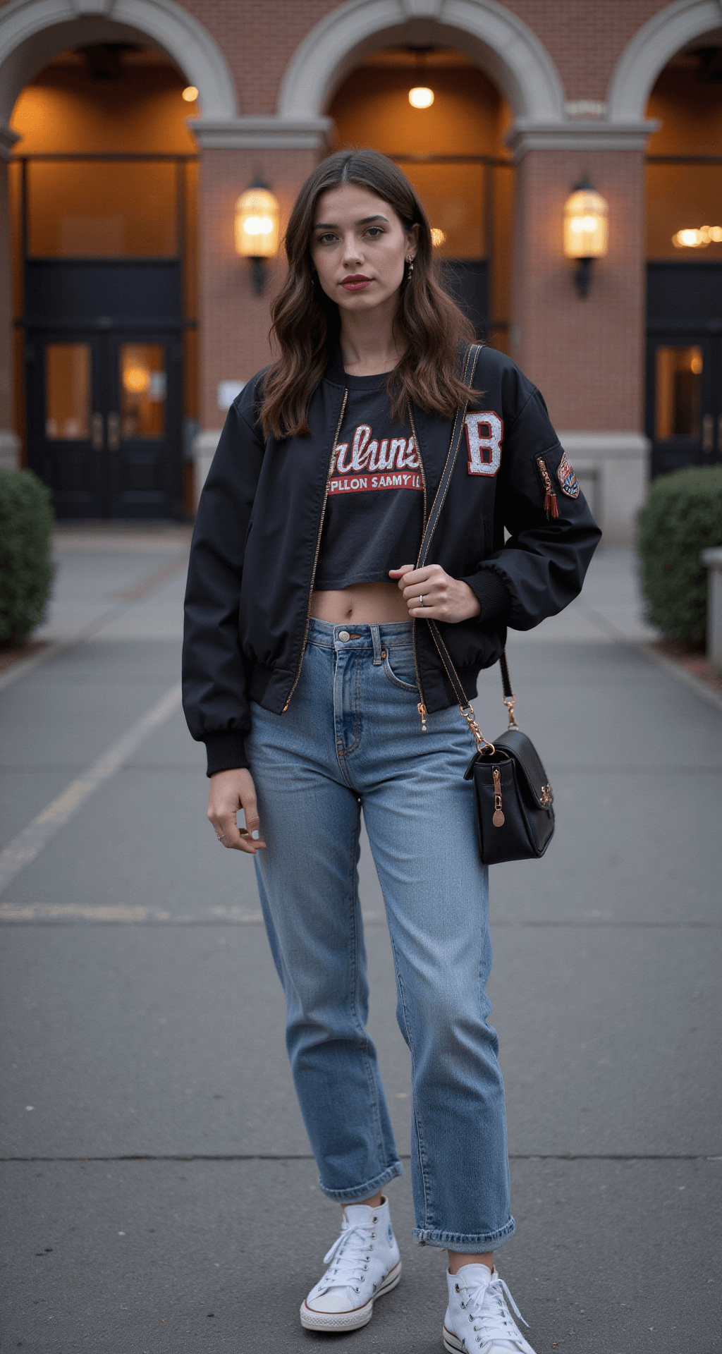 A young woman in a cropped team tee and black bomber jacket poses outside a historic arena at dusk, wearing high-waisted light wash jeans and classic Converse high-tops. She holds a team-colored crossbody bag, with soft waves in her hair and minimal jewelry. The brick architecture and stadium lights create an ambient glow in the urban setting.