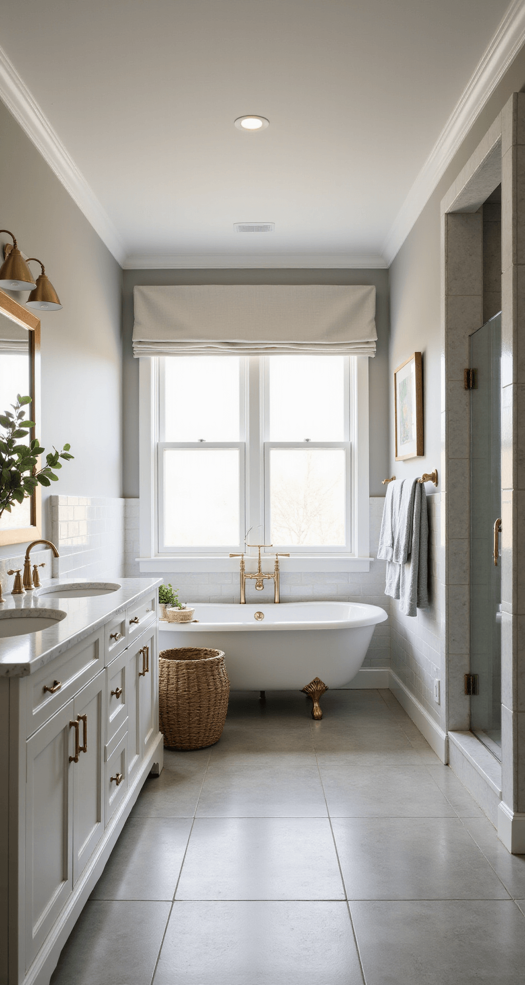 Bloxburg House Ideas: Ultimate 2-Floor Layout Guide for Gamers Cozy family bathroom in Bloxburg featuring a double vanity with white marble and brass fixtures, a freestanding soaking tub under a window with sheer roman shades, and a glass shower enclosure. The space is adorned with warm grey tiles, woven baskets for storage, and a eucalyptus bundle, all illuminated by soft recessed lighting and wall sconces.