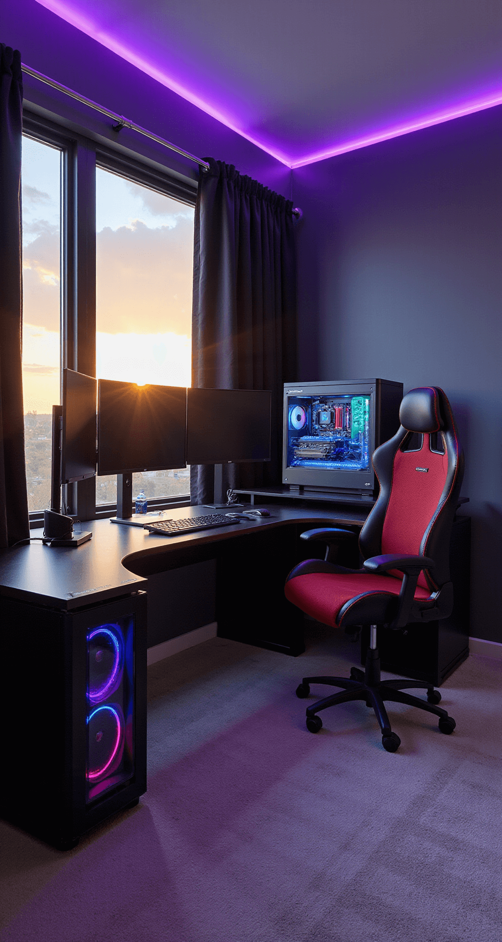 A modern gaming command center featuring a spacious 15x12ft room bathed in golden hour light, highlighting a sleek matte black ultra-wide curved gaming desk with a triple monitor setup and RGB backlighting, paired with a high-end ergonomic chair in black and red mesh. A custom PC with a tempered glass case showcases vibrant RGB lighting, while ambient purple and blue LED strips accentuate the ceiling corners in a cable-free workspace. The image is captured from a 45-degree angle at eye-level, emphasizing the room's contemporary design and gaming aesthetic.