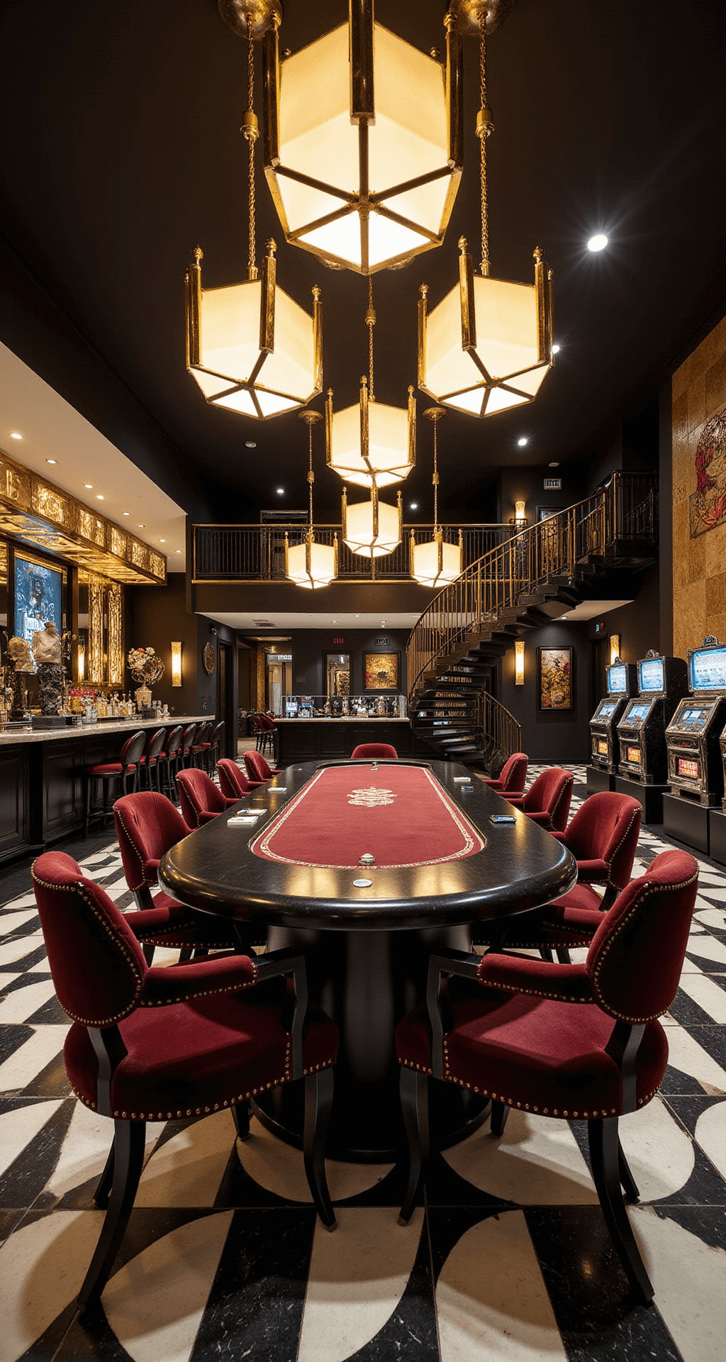 The Ultimate Luxury Game Room: Where Dreams Come to Play A luxurious Art Deco-inspired game room featuring a polished black lacquer poker table, high-back burgundy velvet chairs, vintage slot machines, a mirrored bar with a black marble countertop, and geometric decor in shades of black, white, and gold, all illuminated by brass light fixtures.