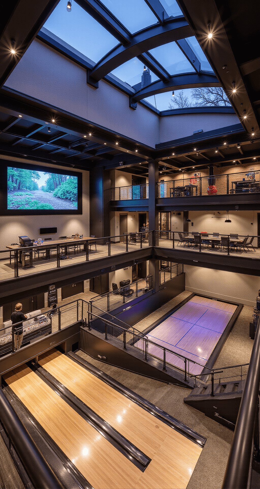 The Ultimate Luxury Game Room: Where Dreams Come to Play An expansive multi-level game room featuring a professional bowling alley, racquetball court, and home theater, illuminated by natural light and designer pendant lights, showcasing modern and industrial decor with sleek furnishings.