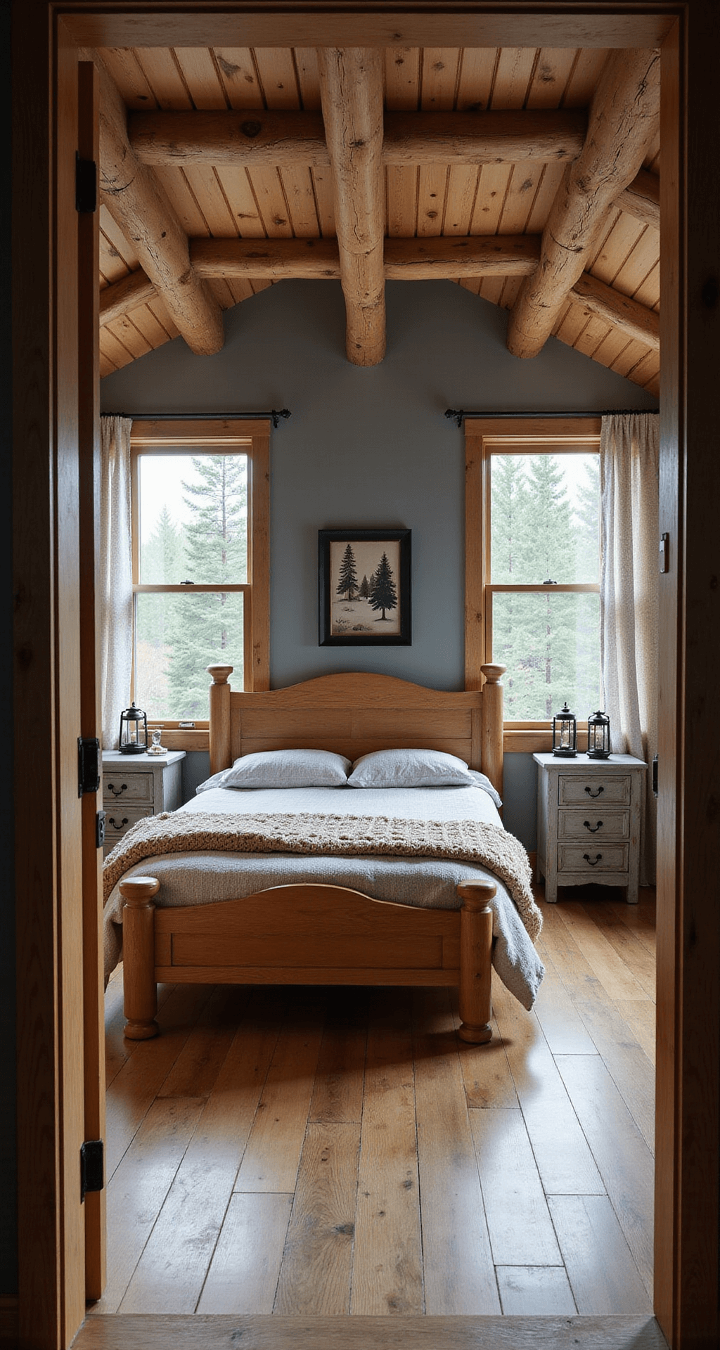 Aesthetic Bedroom Ideas for Bloxburg A cozy cabin-inspired bedroom with wooden beams, oak flooring, and a rustic oak bed. Natural light filters through a large window, illuminating the room's stone gray walls and forest-themed decor. Vintage lanterns and distressed nightstands enhance the woodland aesthetic.