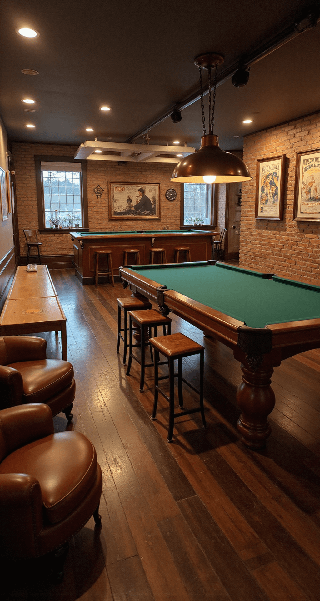 Spacious basement game room with amber lighting, featuring a pool table, mahogany bar with leather stools, vintage posters on brick walls, and a shuffleboard table, creating a warm and sophisticated atmosphere.
