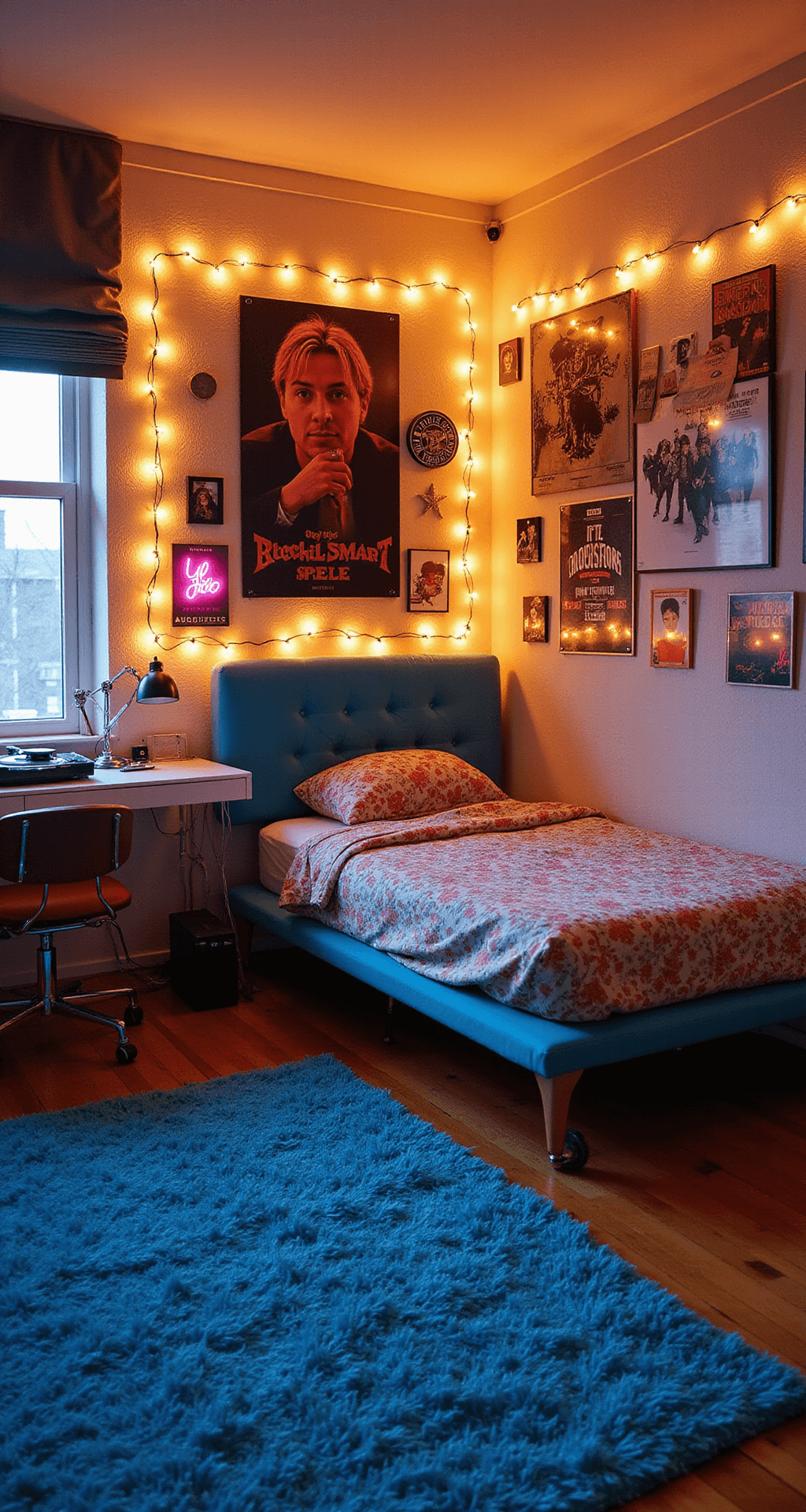 Aesthetic Bedroom Ideas for Bloxburg A cozy 5x5 meter teen bedroom featuring warm LED string lights, eclectic furnishings including a tufted platform bed, a retro record player, and a sleek acrylic desk, with vibrant band posters and neon signs on the walls, and an electric blue shag rug on hardwood flooring.